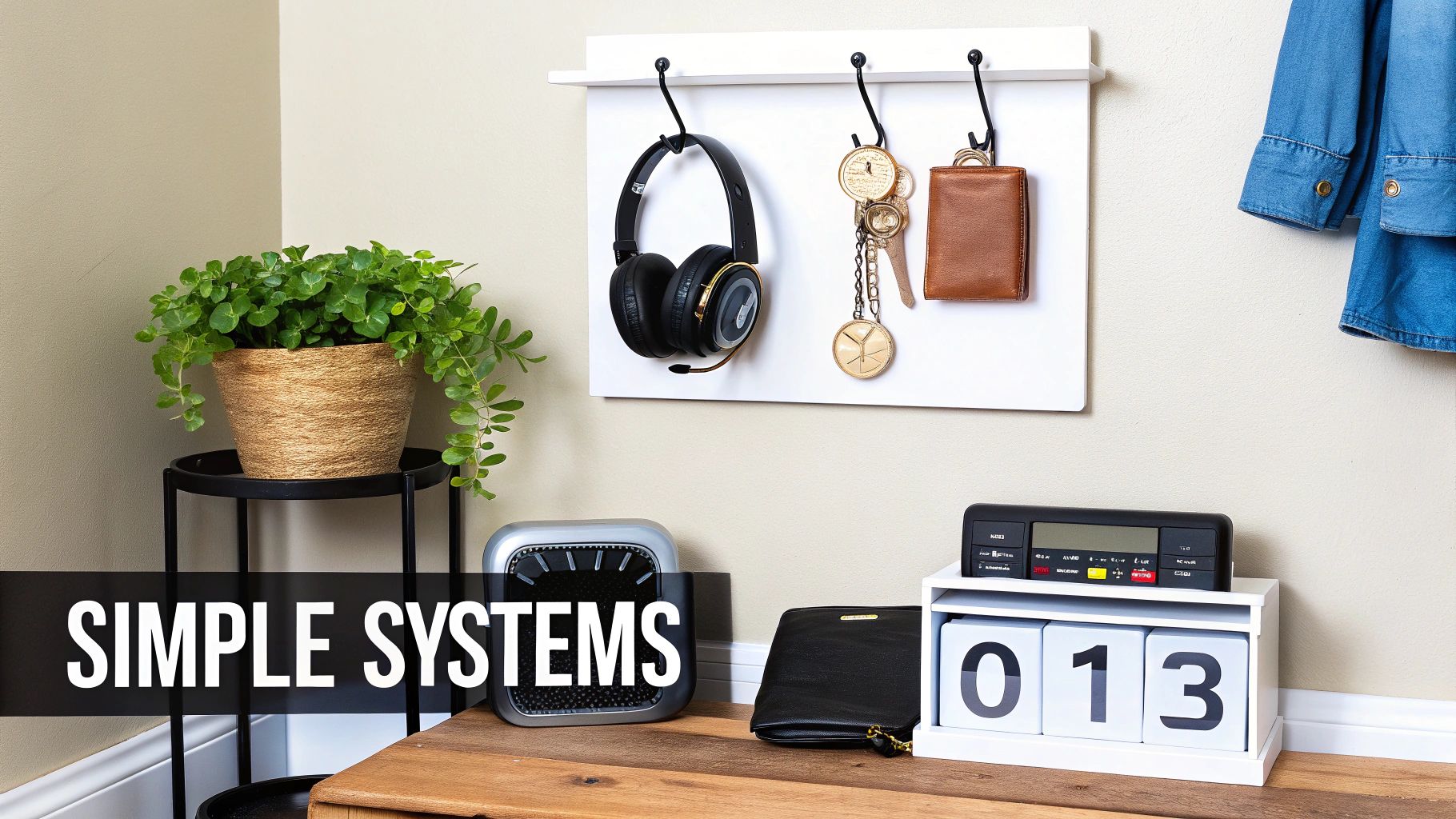 Organized home entrance with a plant, headphone, keys, wallet, digital clock, and calendar.