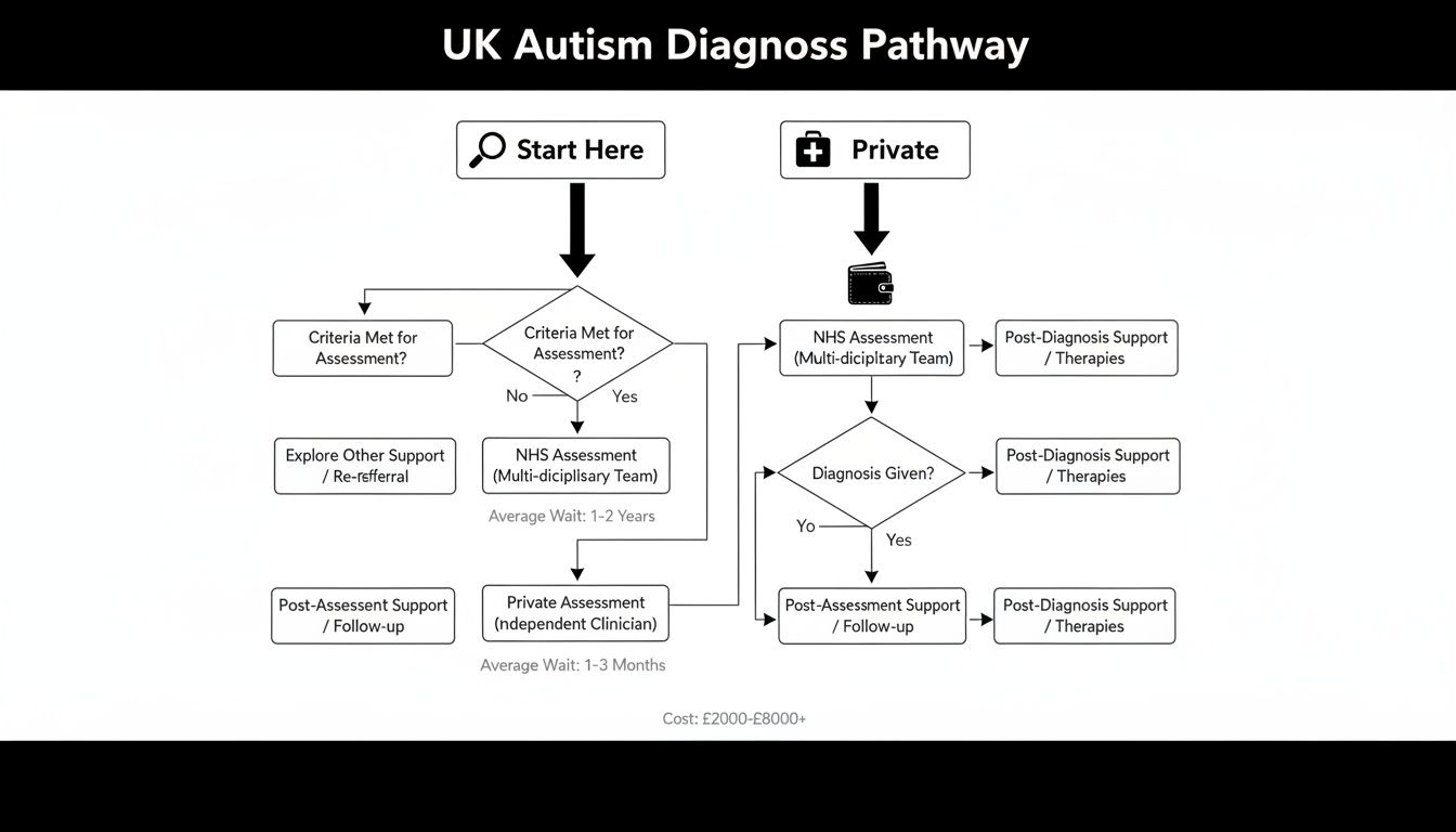 UK autism diagnosis pathway flowchart showing NHS and private assessment routes.