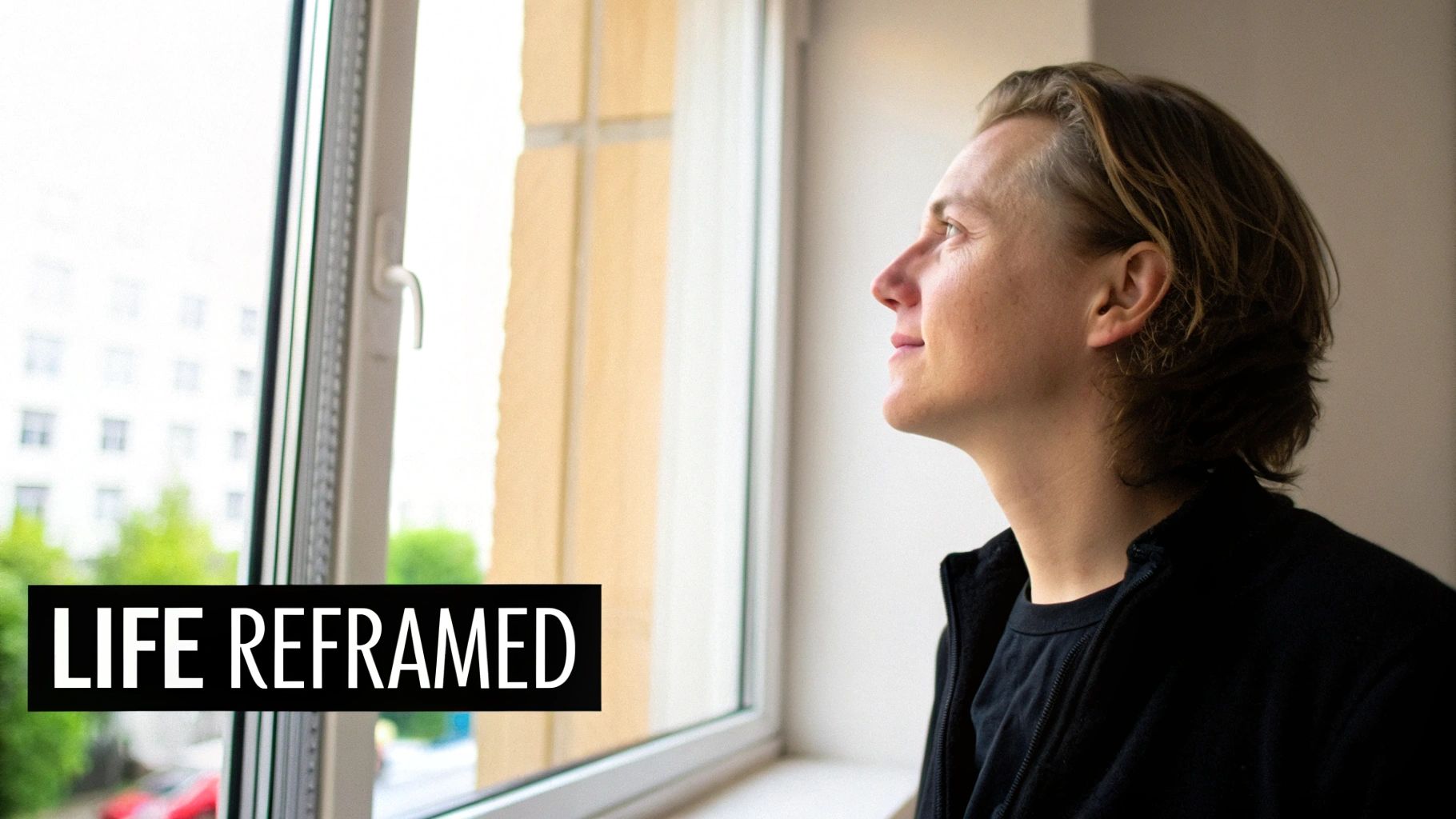 A person with light brown hair looks thoughtfully out a window, with the text 'LIFE REFRAMED'.