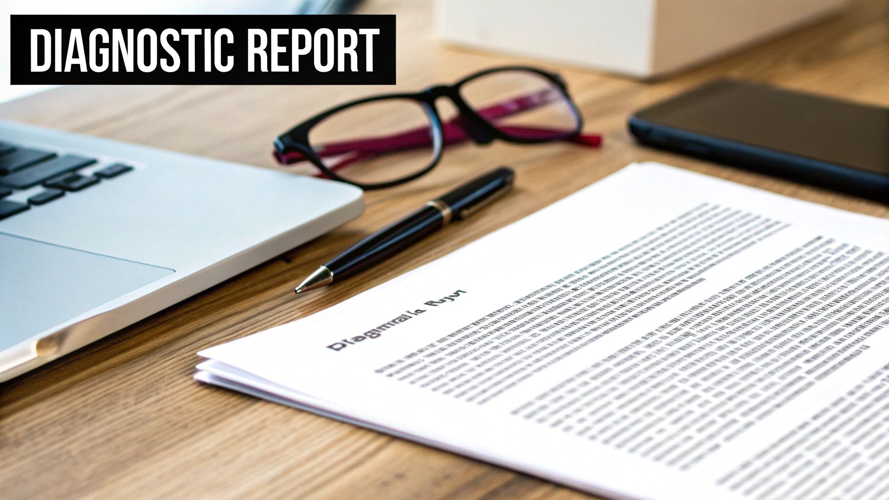 A desk with a laptop, pen, glasses, and a document titled 'Diagnostic Report'.