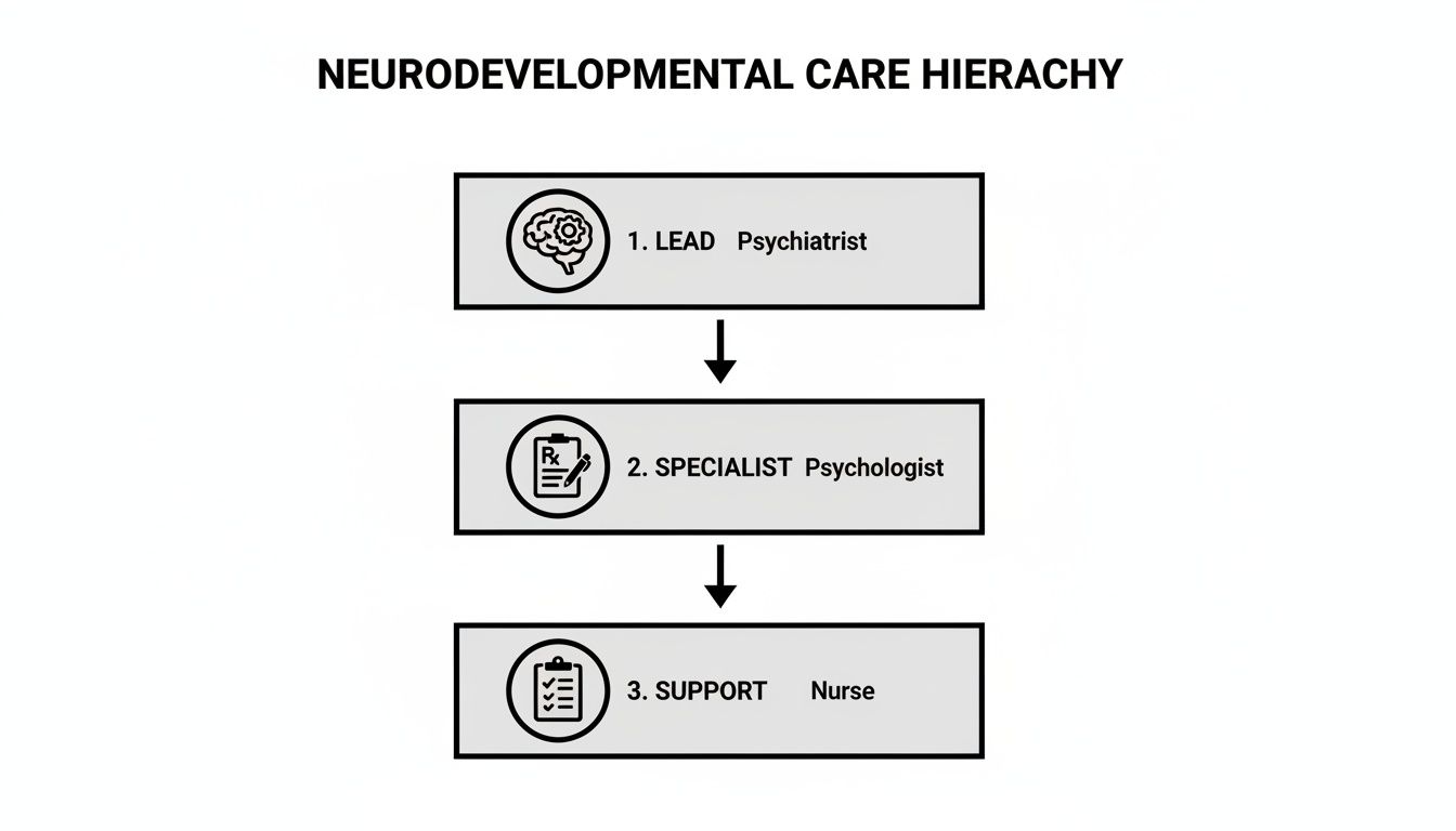 A neurodevelopmental care hierarchy showing a lead psychiatrist, specialist psychologist, and support nurse.