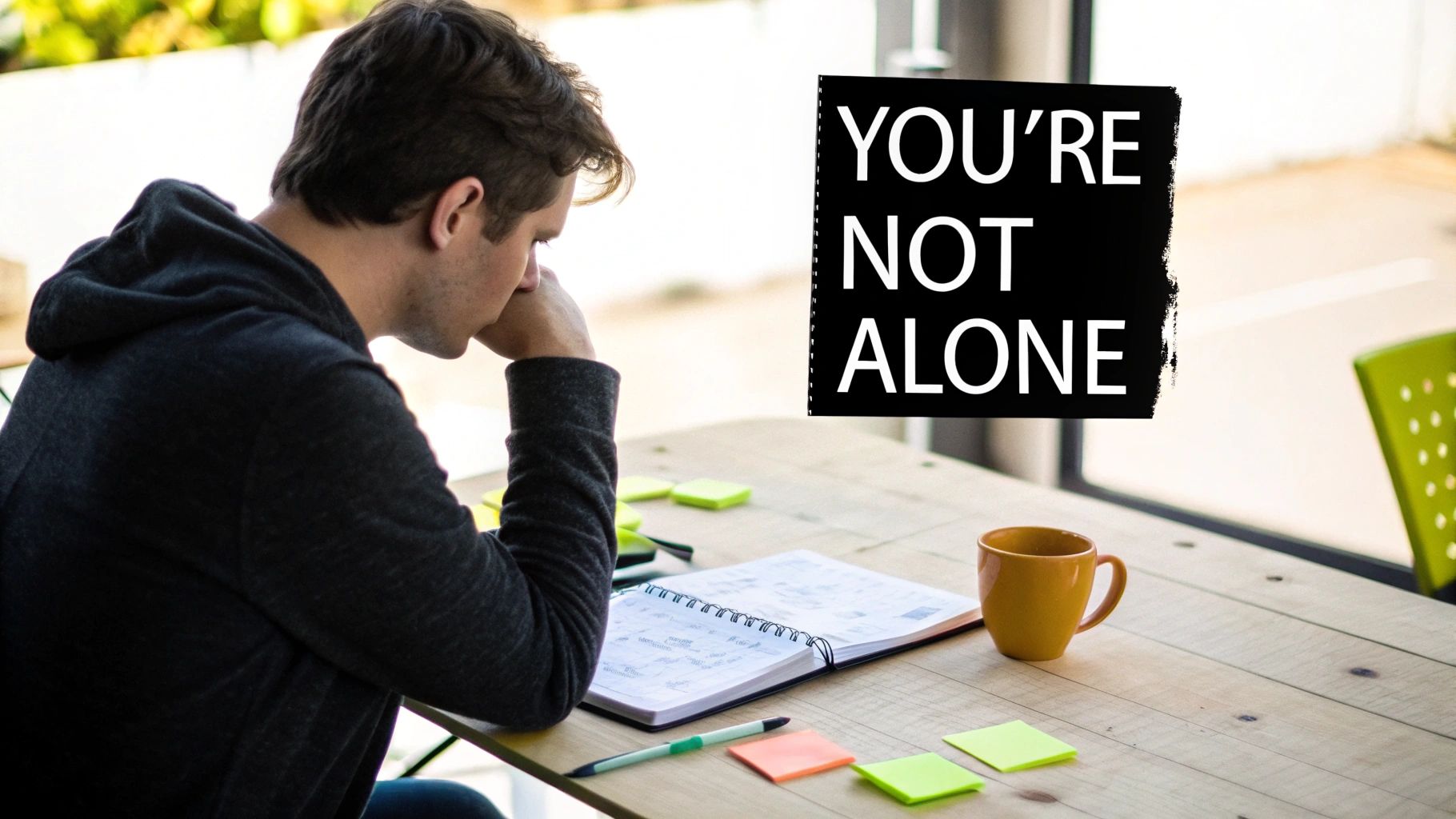A person with head in hand at a desk, looking stressed, with 'YOU'RE NOT ALONE' text.
