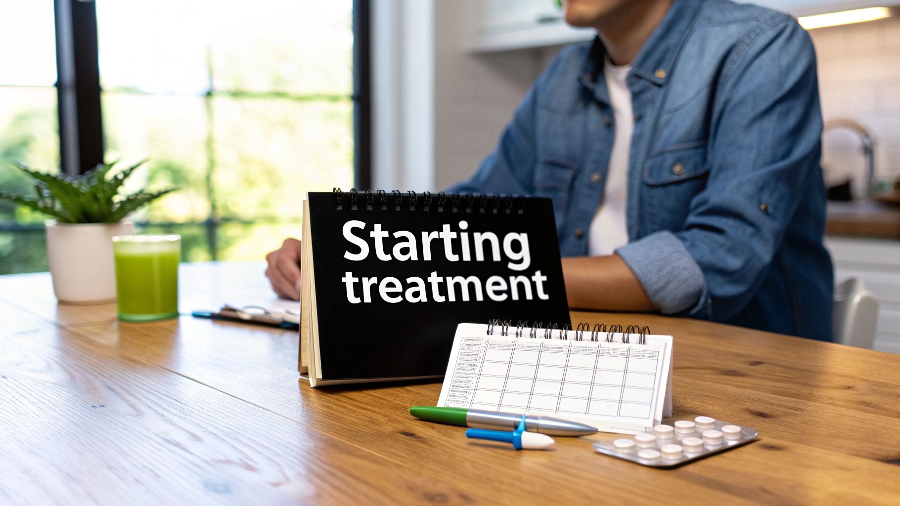 A person sits at a wooden table with a 'Starting treatment' calendar, medication, and a planner.