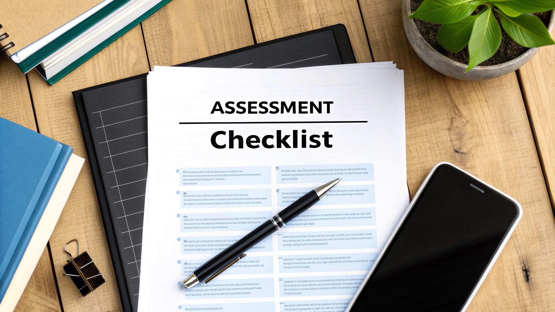 A person at a desk organizing documents and preparing for an online meeting.