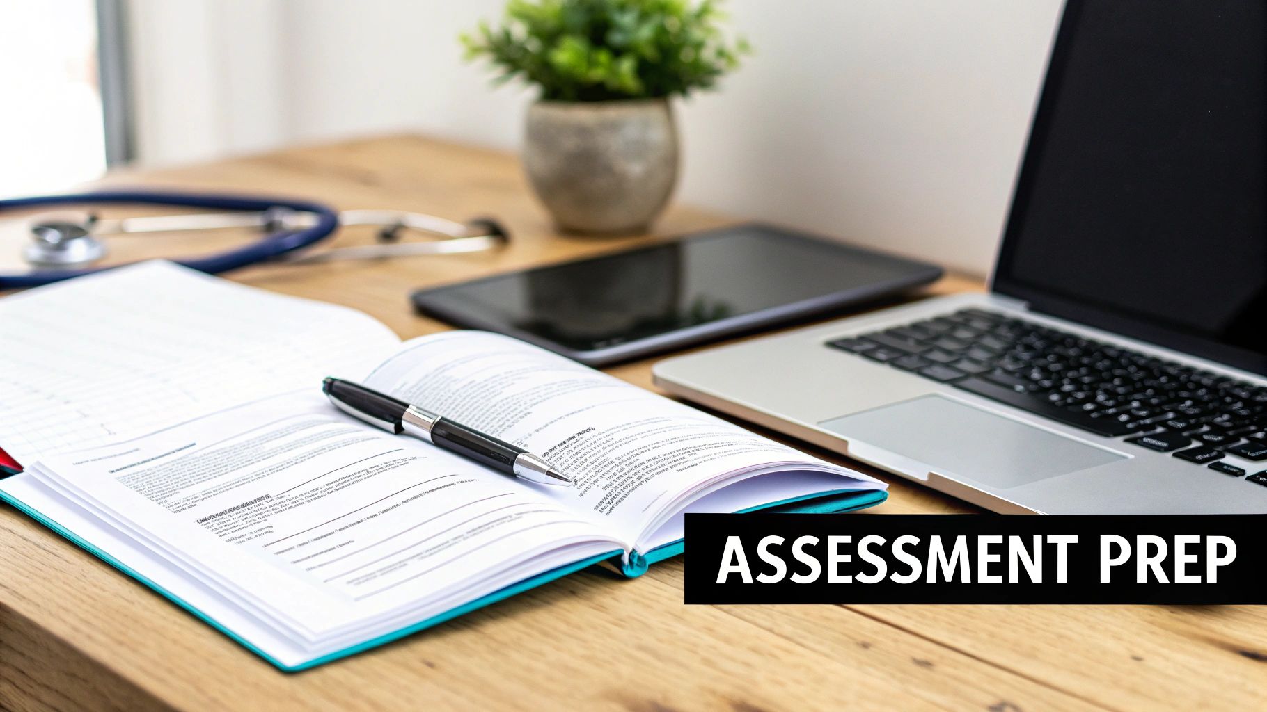 A professional desk setup with a laptop, open book, pen, stethoscope, and tablet, ideal for medical assessment preparation.
