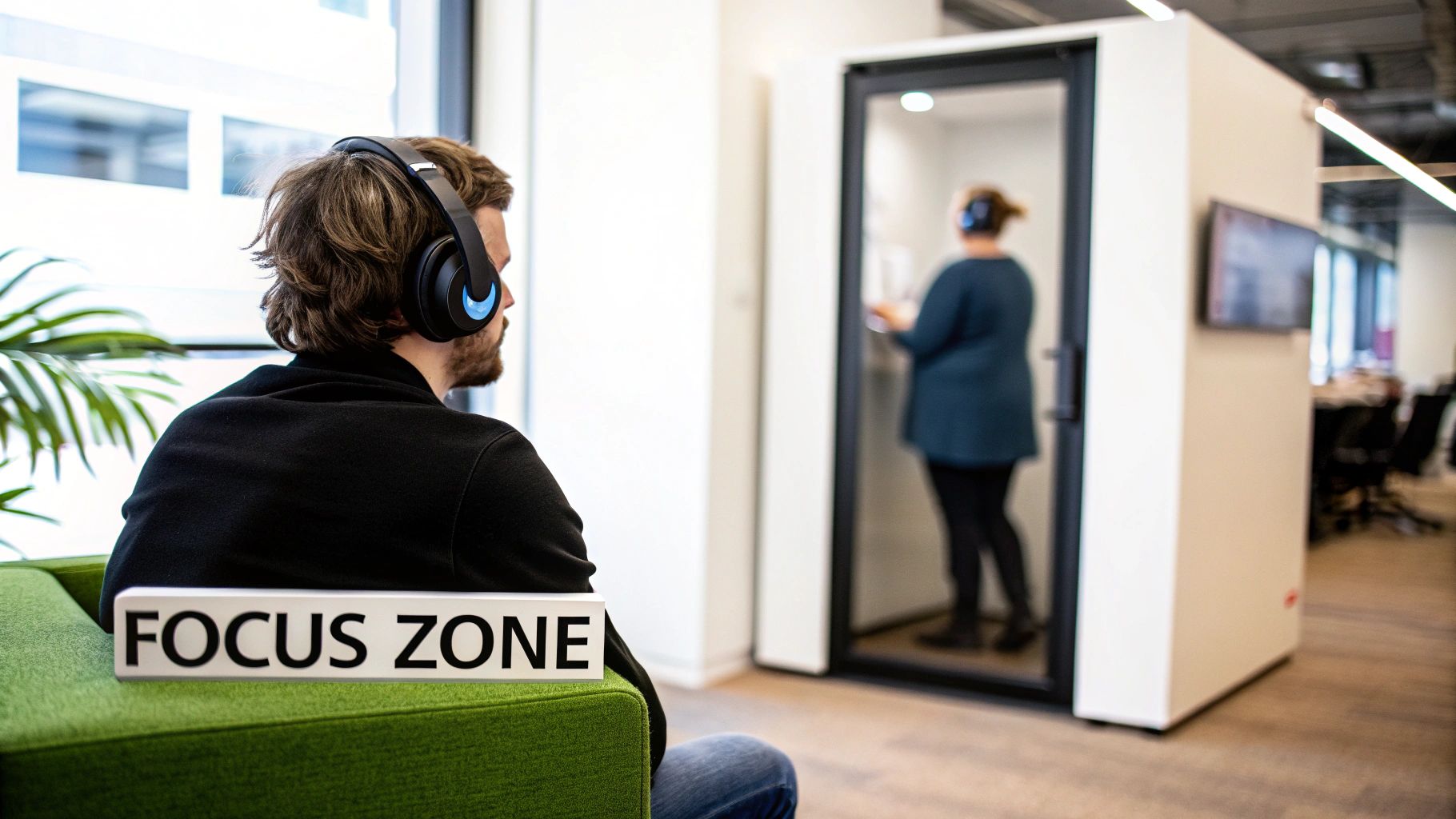 Man wearing headphones in a focus zone, looking at a woman in a soundproof office booth.