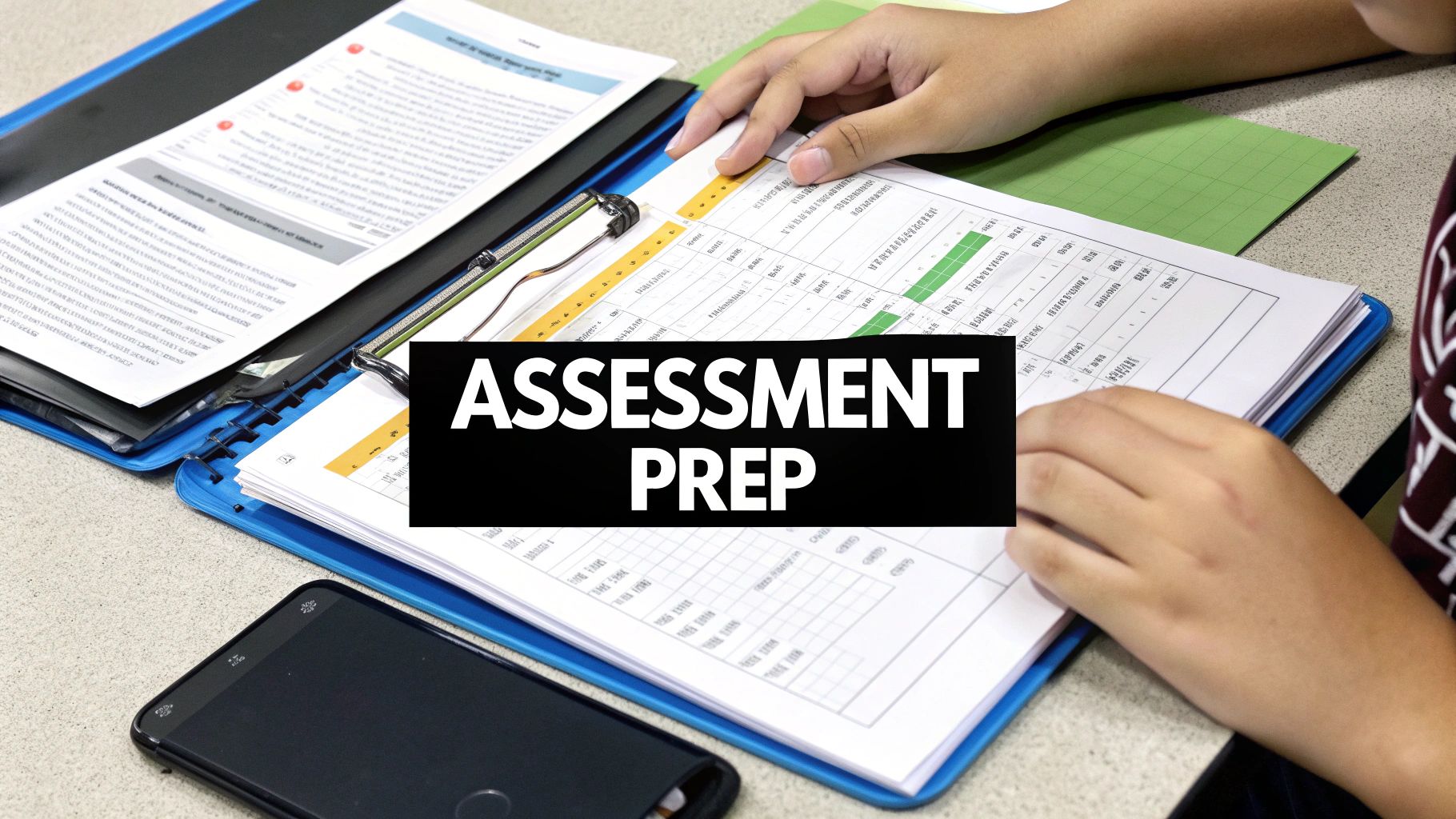 A person sitting at a desk with an open notebook, surrounded by documents, representing the process of preparing for an assessment.