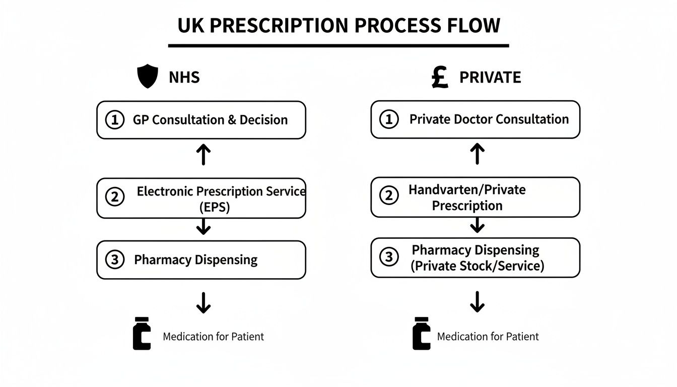 Flowchart illustrating the UK prescription process, comparing NHS and Private routes from consultation to medication.