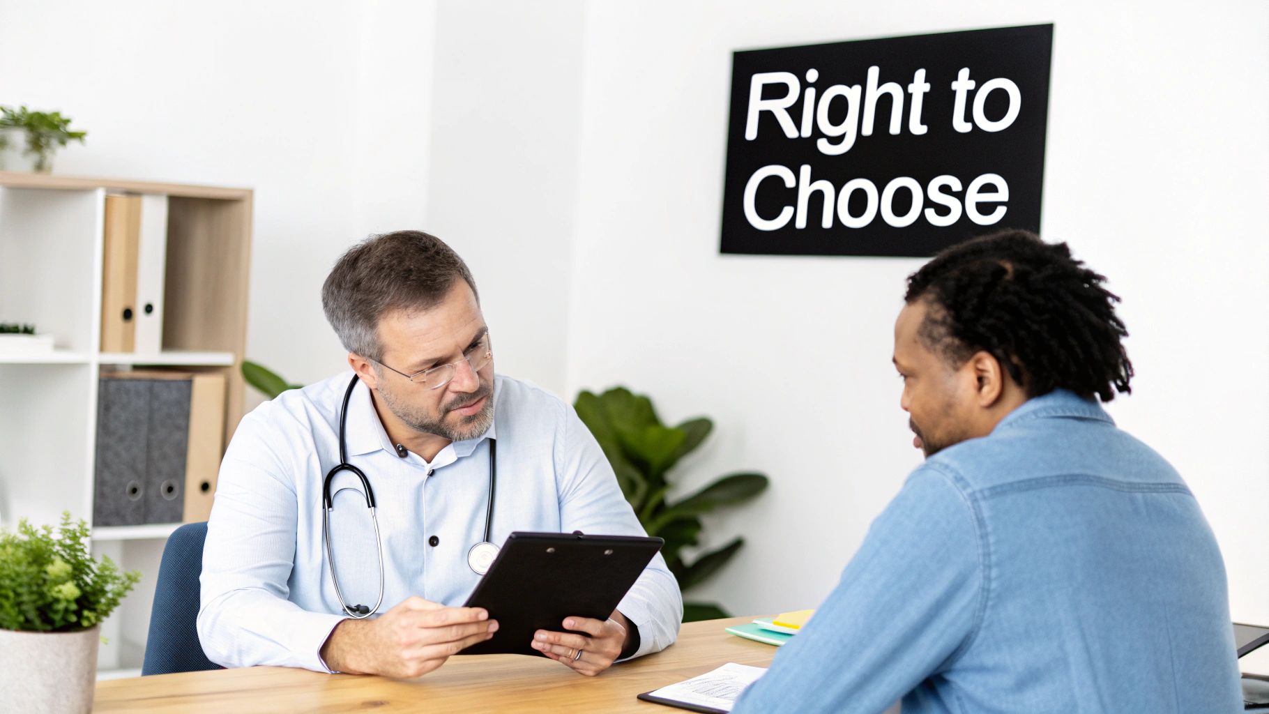 A doctor consults with a patient under a 'Right to Choose' sign, discussing healthcare options.