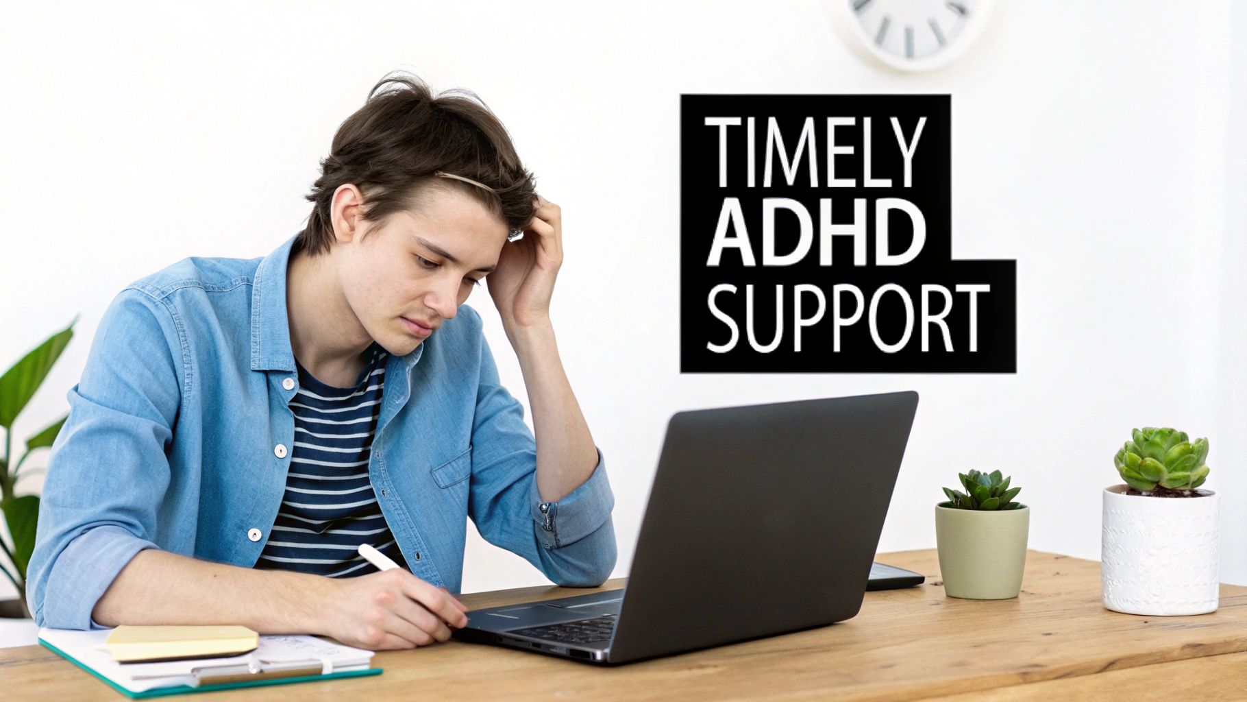 Young man struggling with work at a desk, with 'Timely ADHD Support' overlay.
