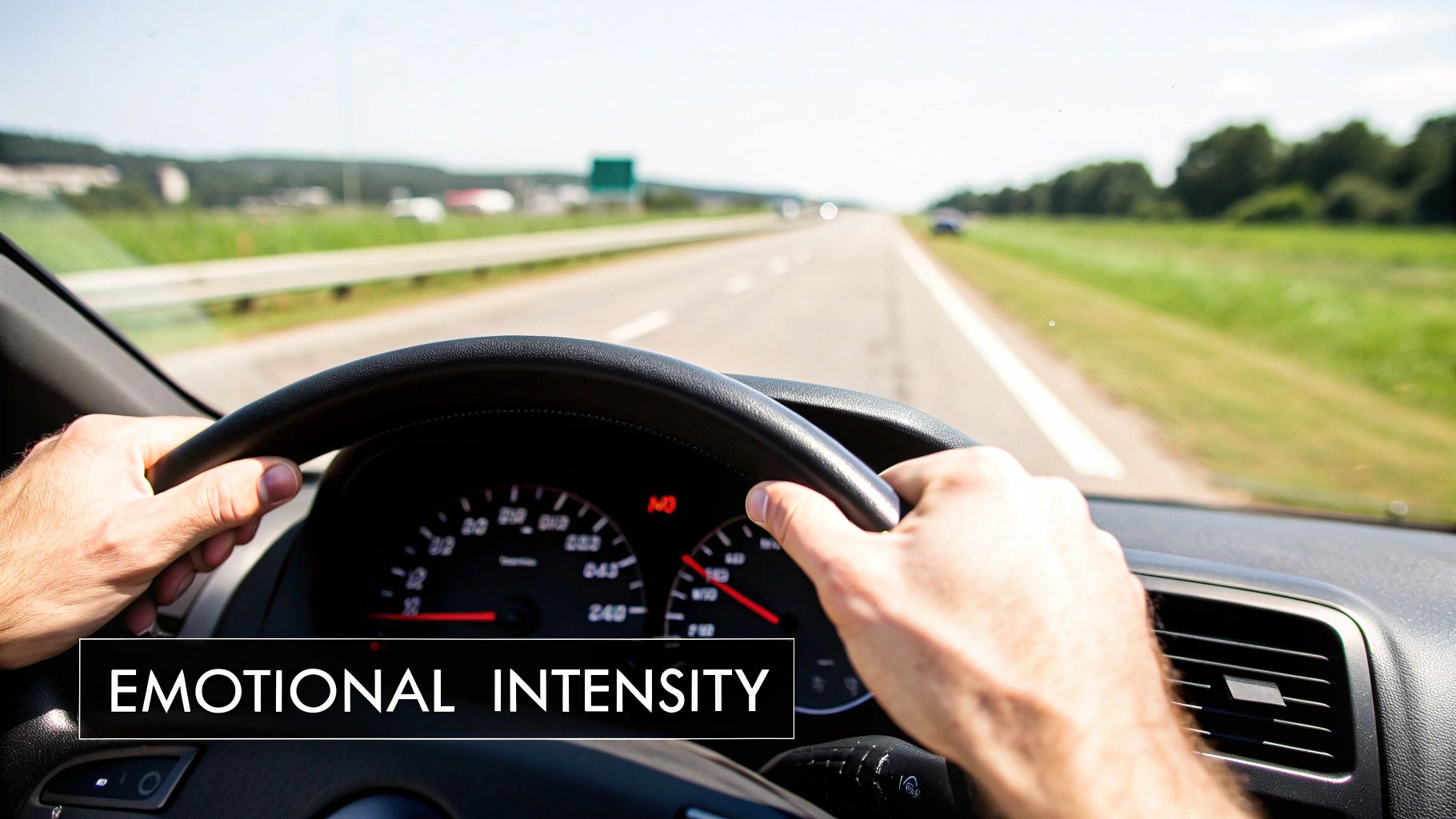 Hands gripping a car steering wheel while driving on a highway, with "Emotional Intensity" text overlay.