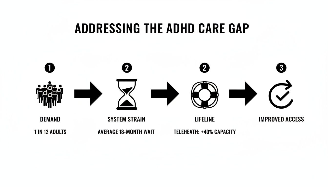 A flow chart illustrating how to address the ADHD care gap, from high demand and system strain to improved access via telehealth.