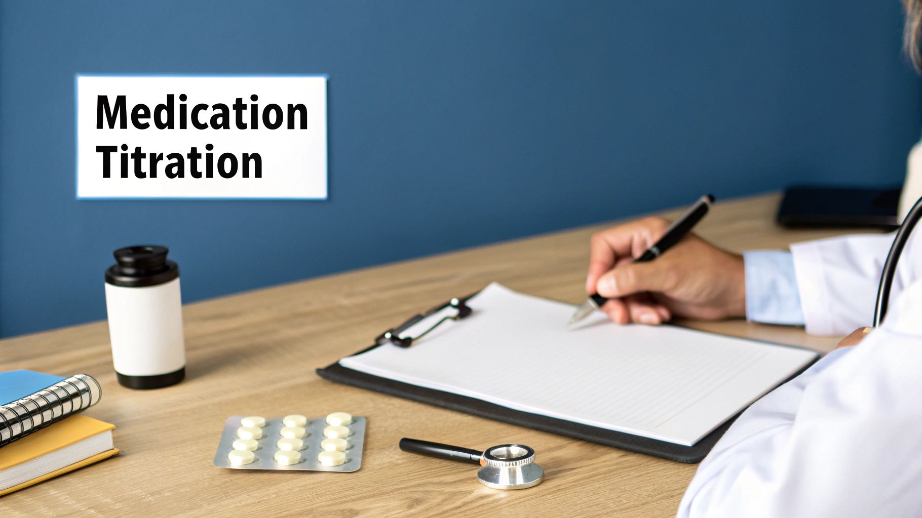 A healthcare professional writes notes about medication titration at a desk with drugs and a stethoscope.