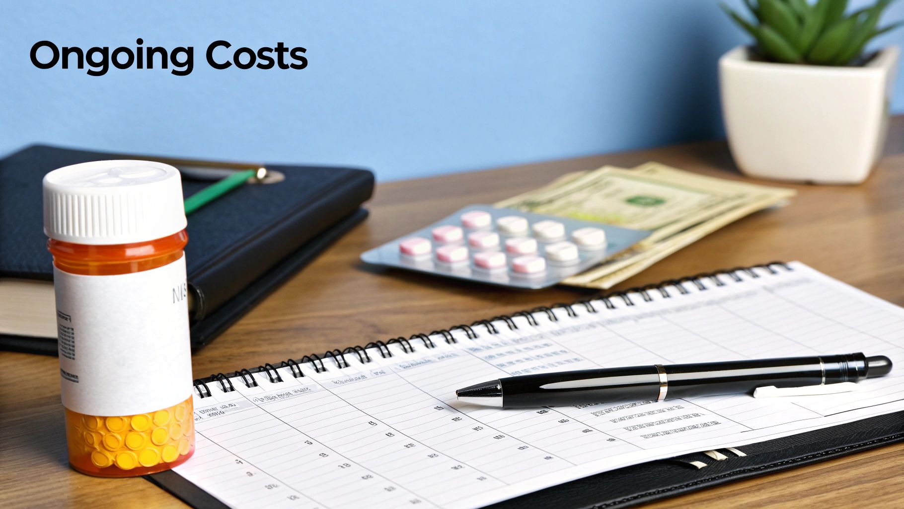 A desk with prescription pills, money, and a planner, highlighting 'Ongoing Costs' related to medical expenses.