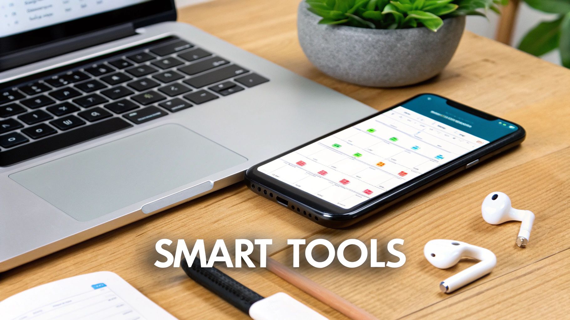 An organized wooden desk with essential smart tools: laptop, smartphone, and earbuds for productivity.