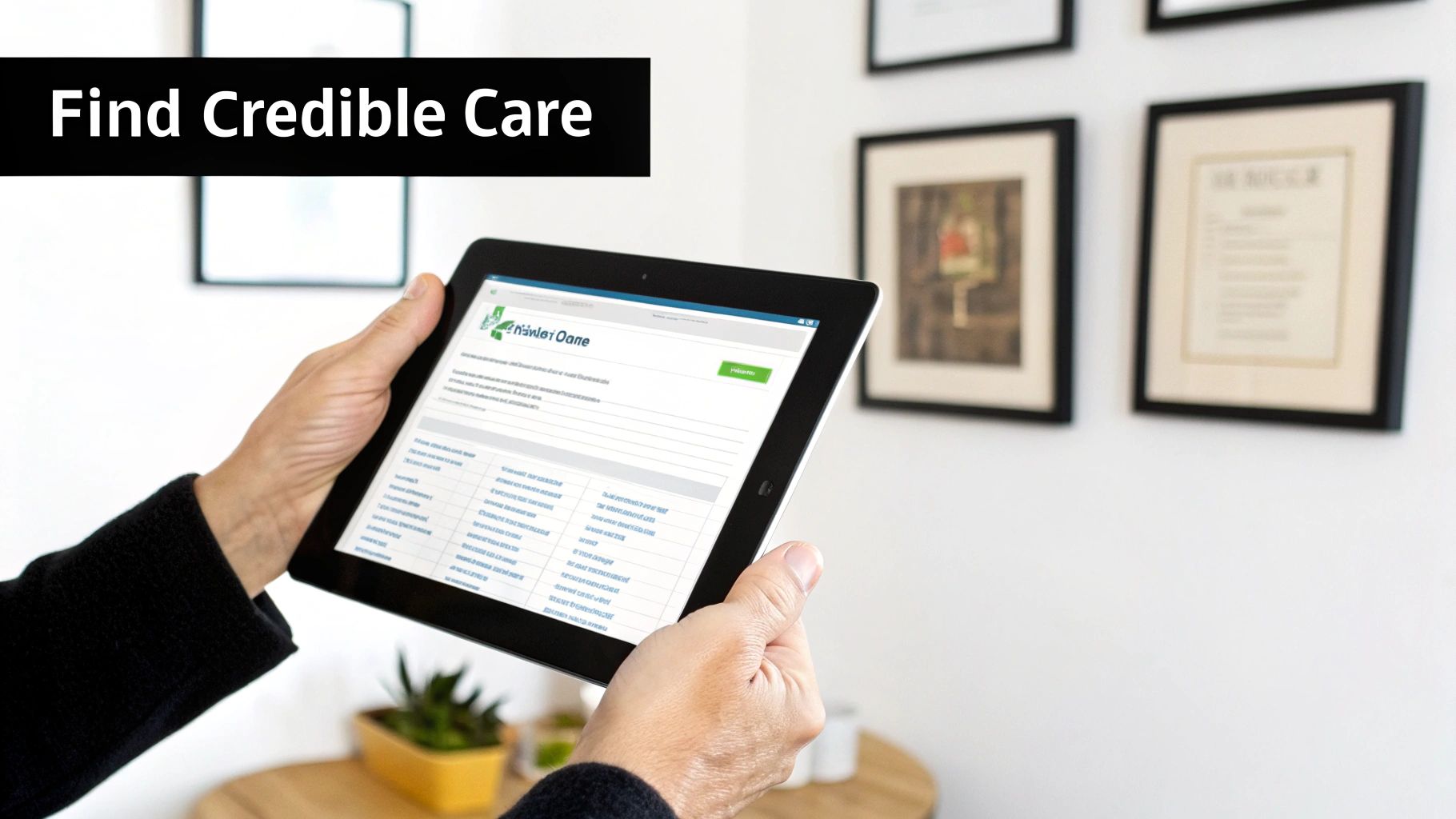 A person holds a tablet displaying a medical website with "Find Credible Care" overlay.