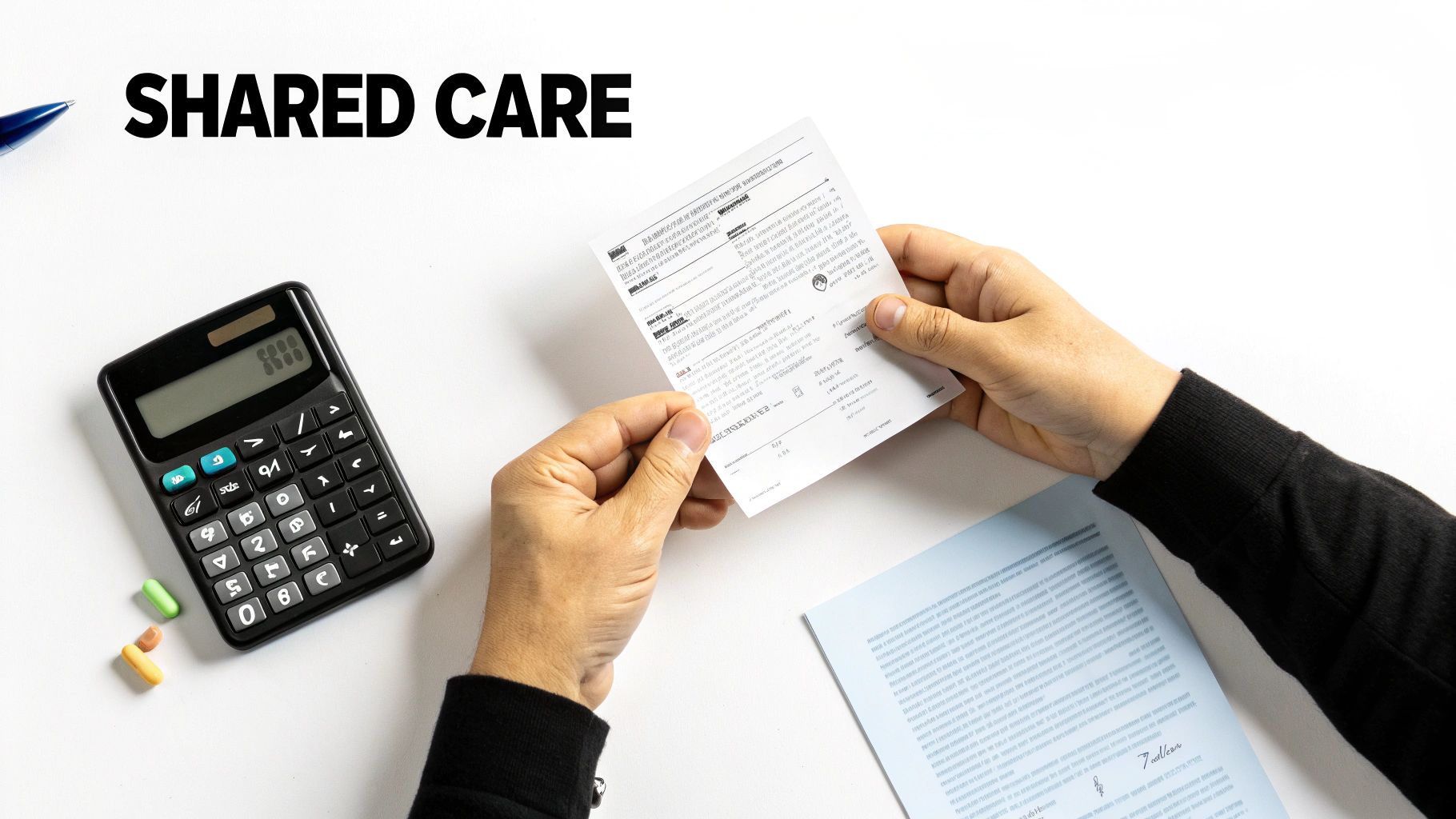 Hands reviewing shared care medical documents, with a calculator, pen, and pills on a white desk.