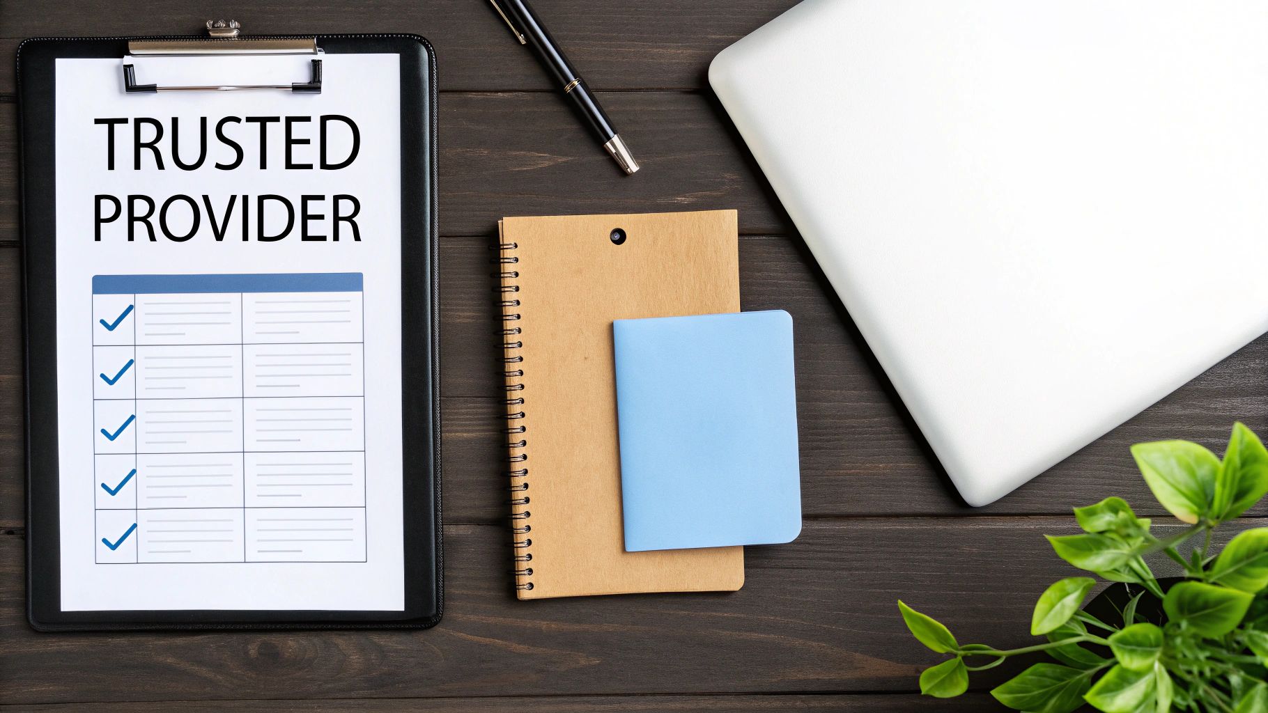 A magnifying glass hovering over a document with a checklist, symbolising the process of vetting and choosing a reputable provider.