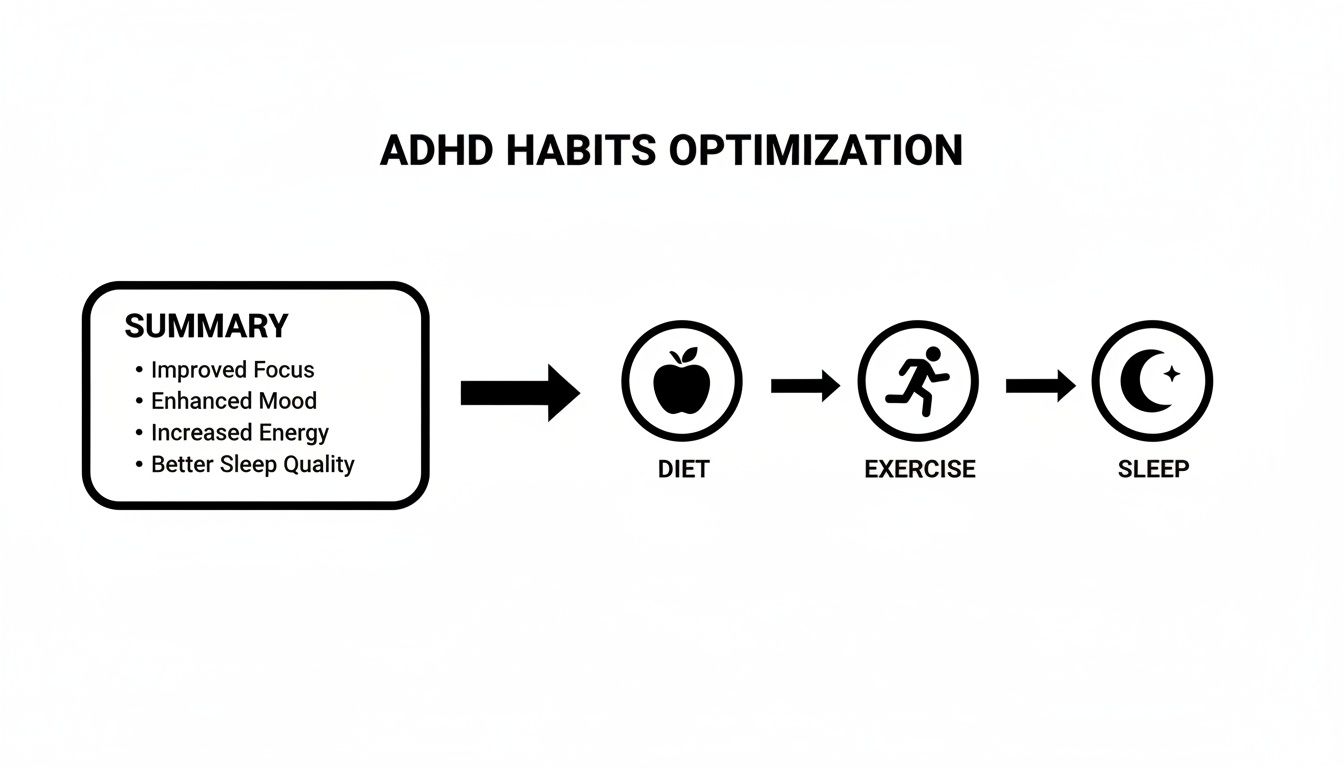 Diagram illustrating ADHD habits optimization for improved focus, mood, energy, and sleep through diet, exercise, and sleep.