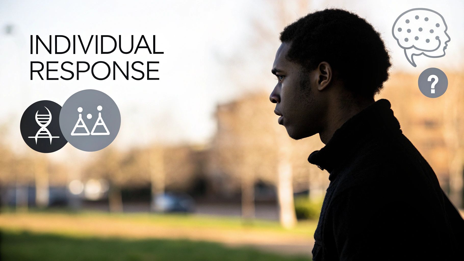 Young Black man in profile with 'INDIVIDUAL RESPONSE' text and icons representing DNA, population, and a thinking brain.