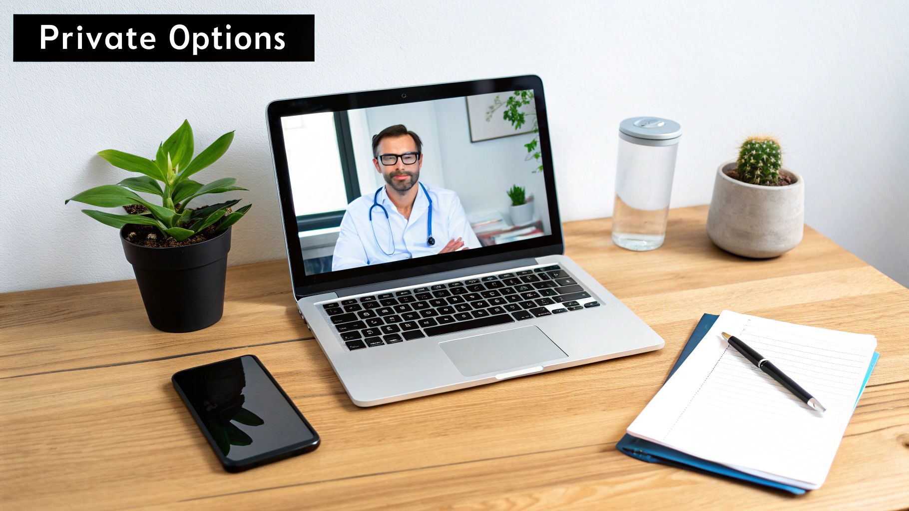 A doctor on a laptop screen providing a telehealth consultation, with 'Private Options' banner, surrounded by desk items.
