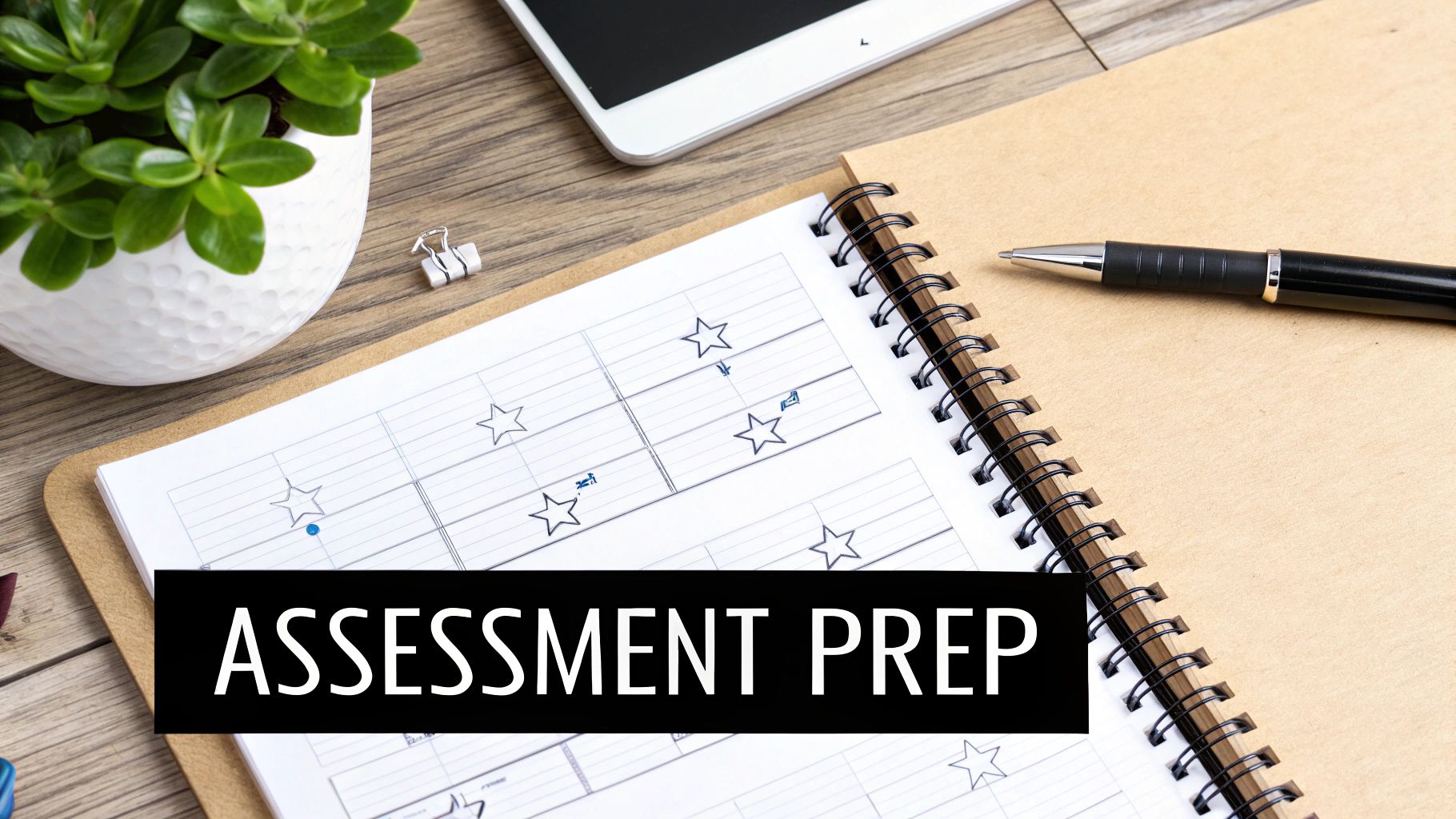 Desk scene with notebook, pen, plant, and tablet, overlaid with 'ASSESSMENT PREP'.