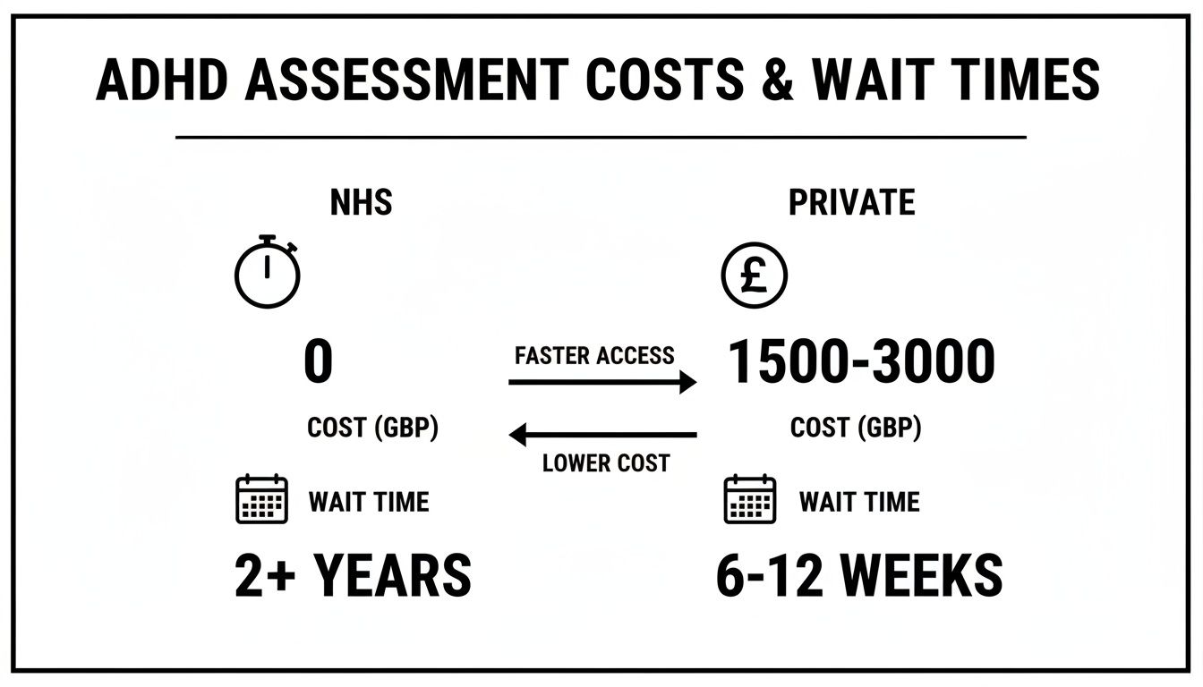 ADHD assessment cost and wait time comparison between NHS (free, 2+ years) and private (£1500-3000, 6-12 weeks).