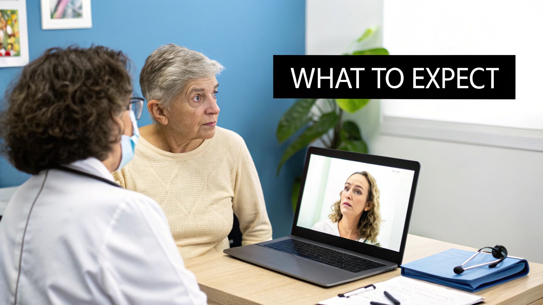 An elderly woman discusses with a masked doctor, while another woman appears on a laptop video call.