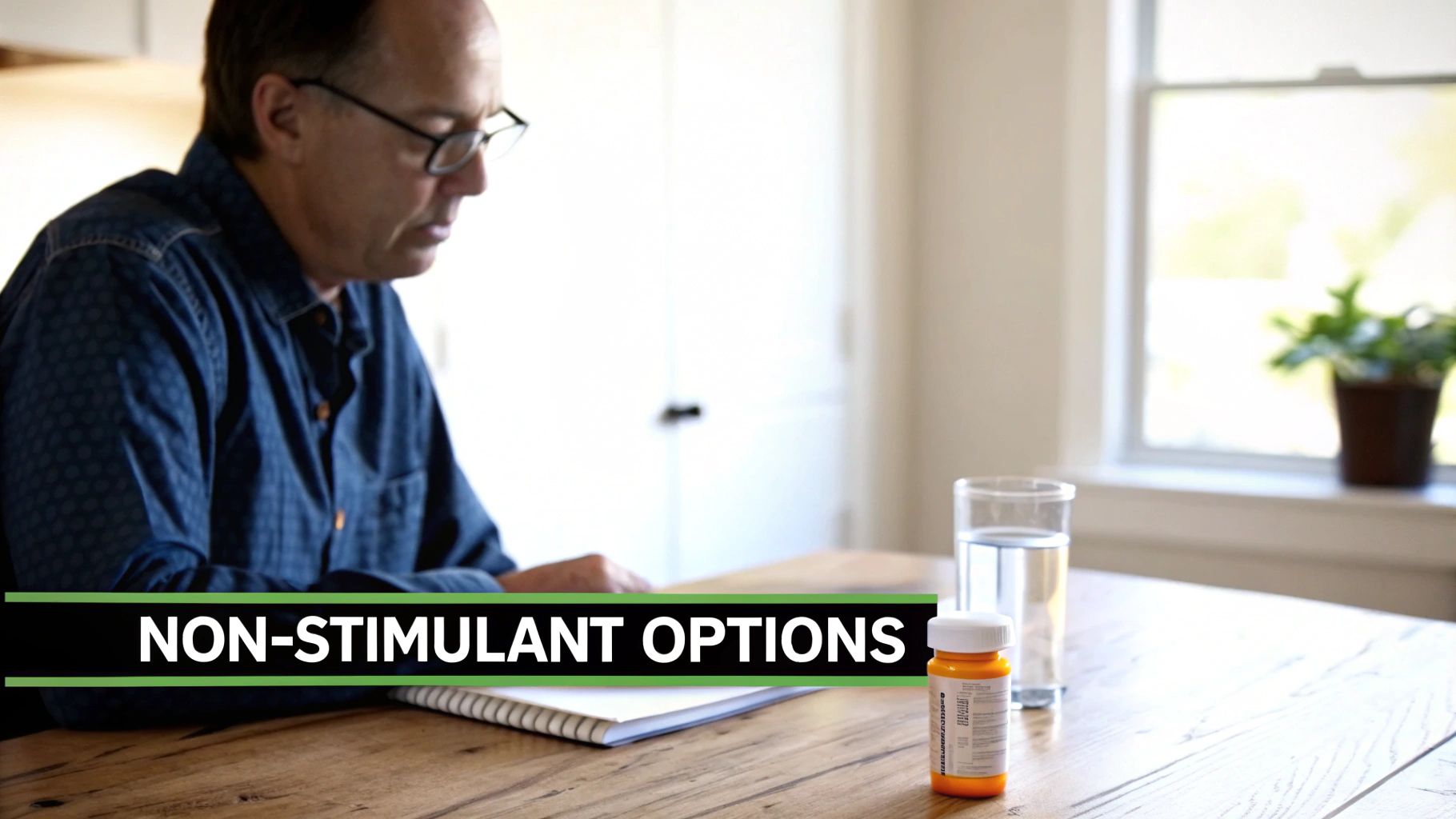 A man sits at a wooden table with a pill bottle, a glass of water, and a notebook. Text reads 'NON-STIMULANT OPTIONS'.