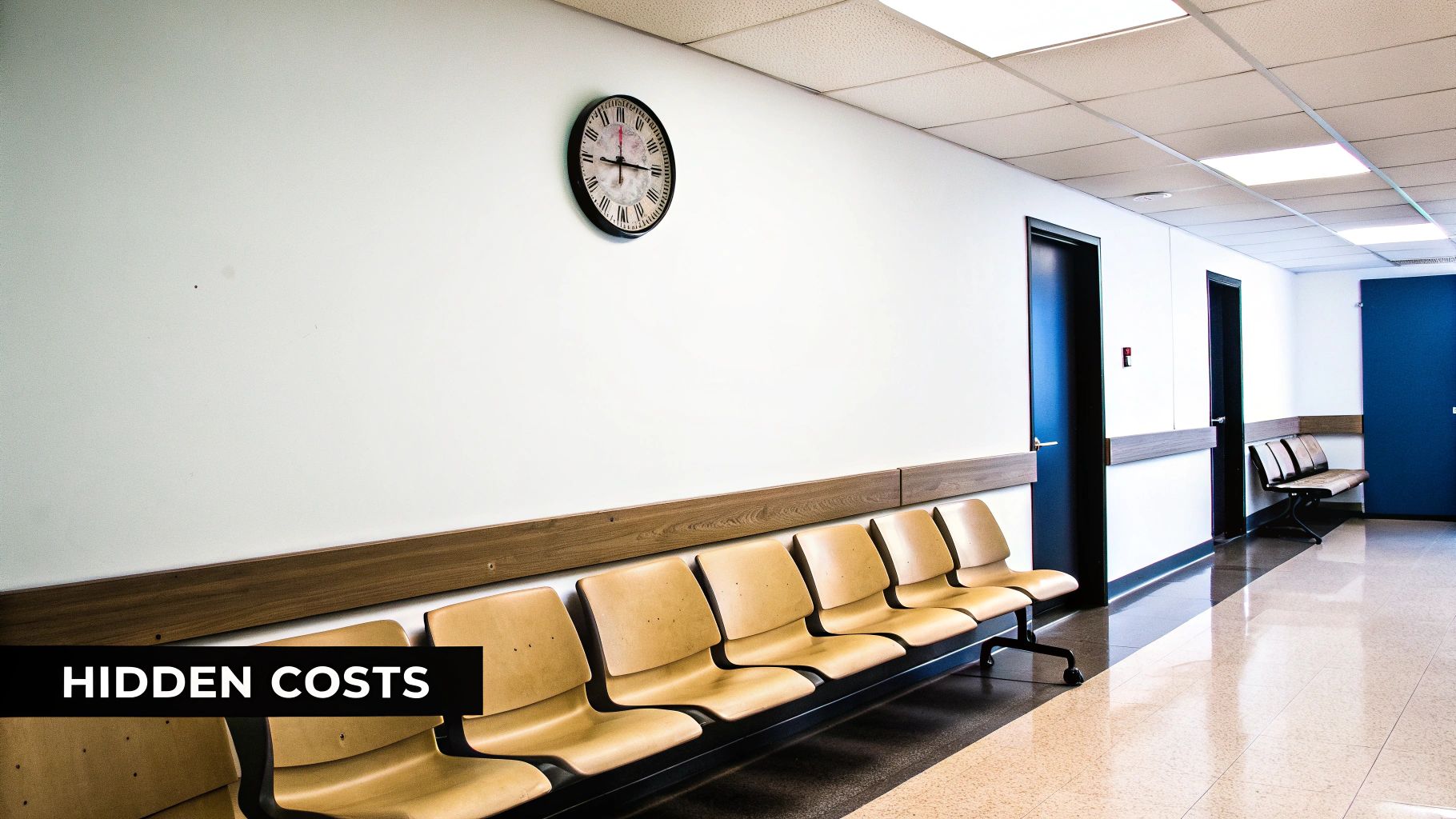 An empty, long waiting room in a clinic with a clock and rows of chairs, labeled 'Hidden Costs'.