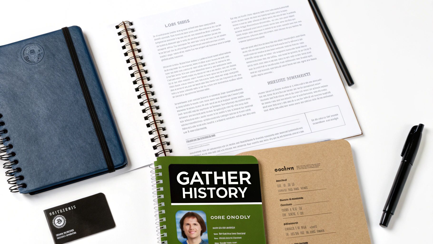 Overhead shot of a white desk with blue, green, and brown notebooks, a pen, and a card.