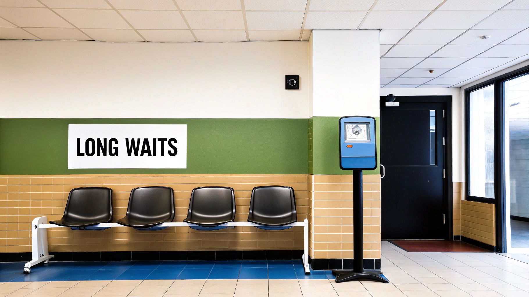 An empty waiting room with black chairs, a 'LONG WAITS' sign, and a blue time clock machine.