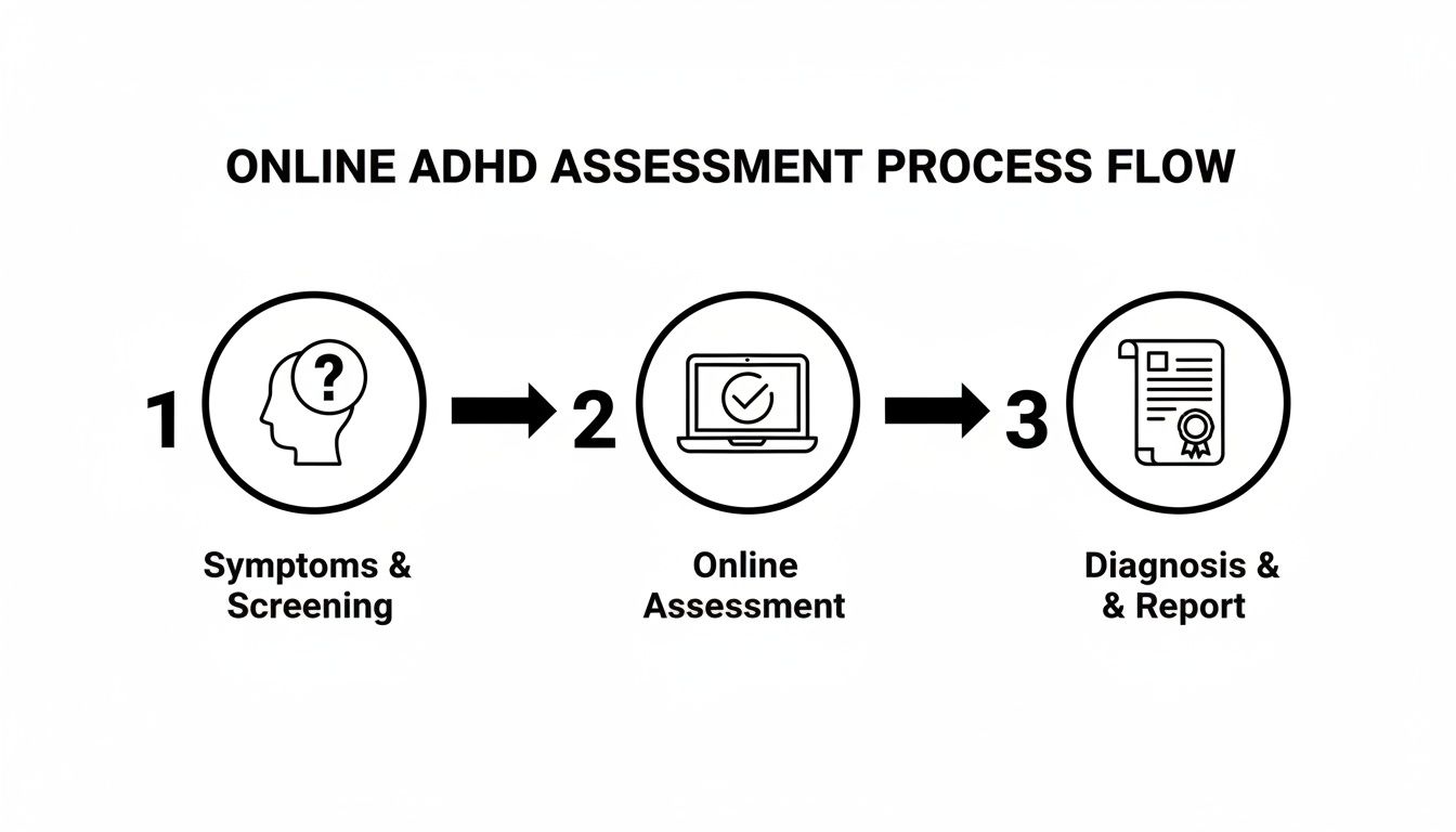 A three-step online ADHD assessment process flow with icons for symptoms, online assessment, and diagnosis.