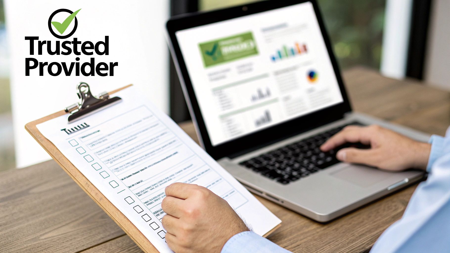 A magnifying glass hovering over a clipboard with a checklist, symbolising the process of vetting private assessment clinics.