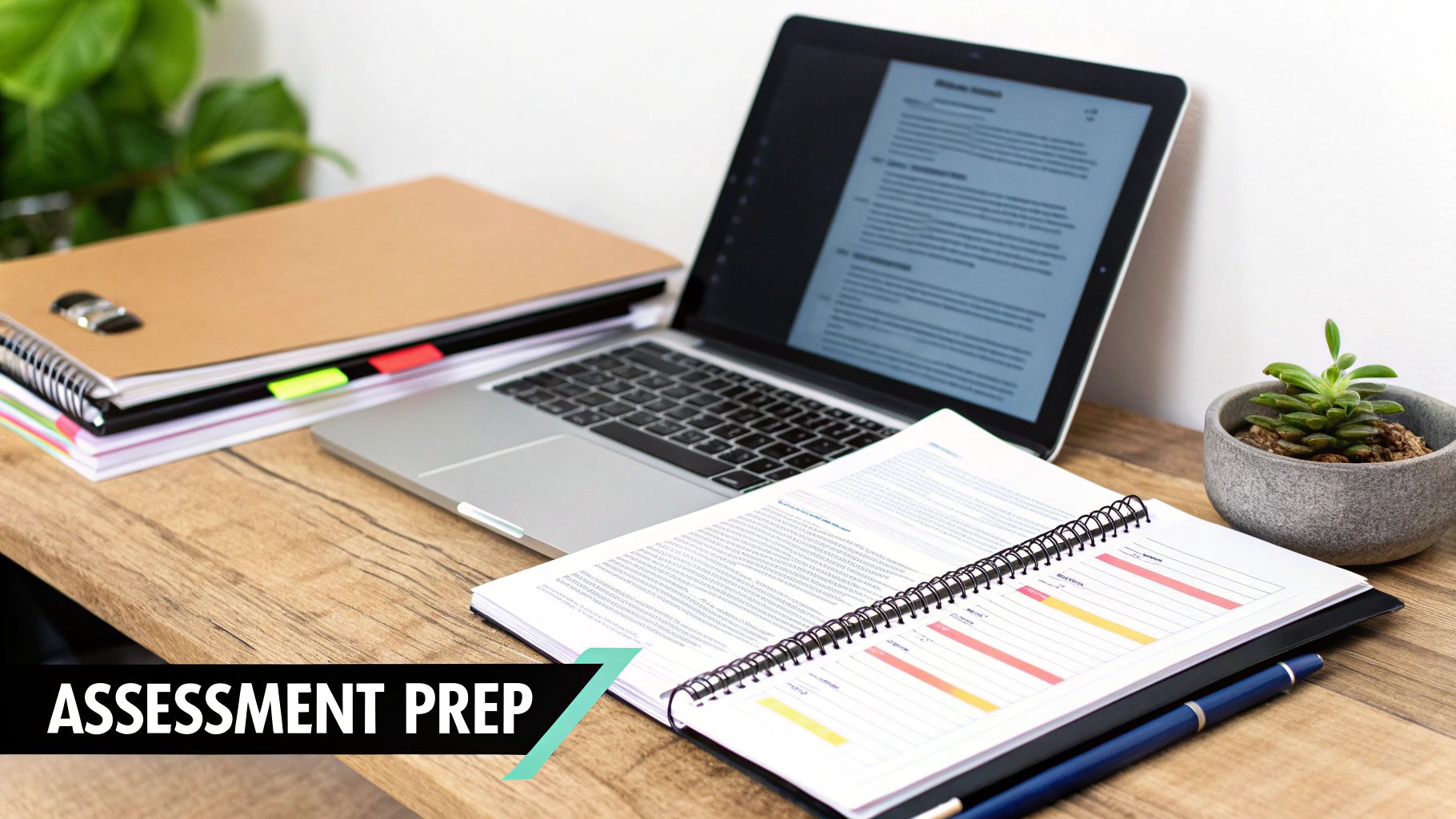 A desk with a laptop displaying a document, open notebook, pen, and stacked binders for study.