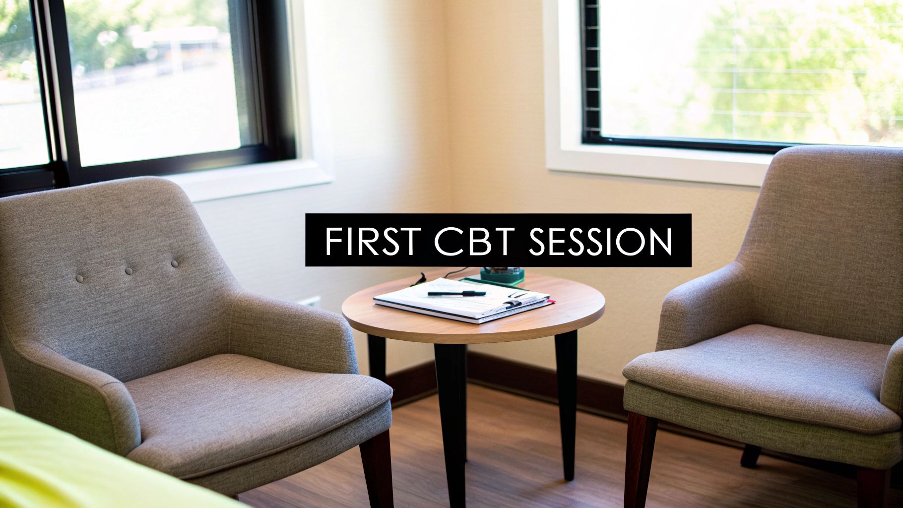 An inviting therapy room with two chairs and a table, preparing for a first CBT session.