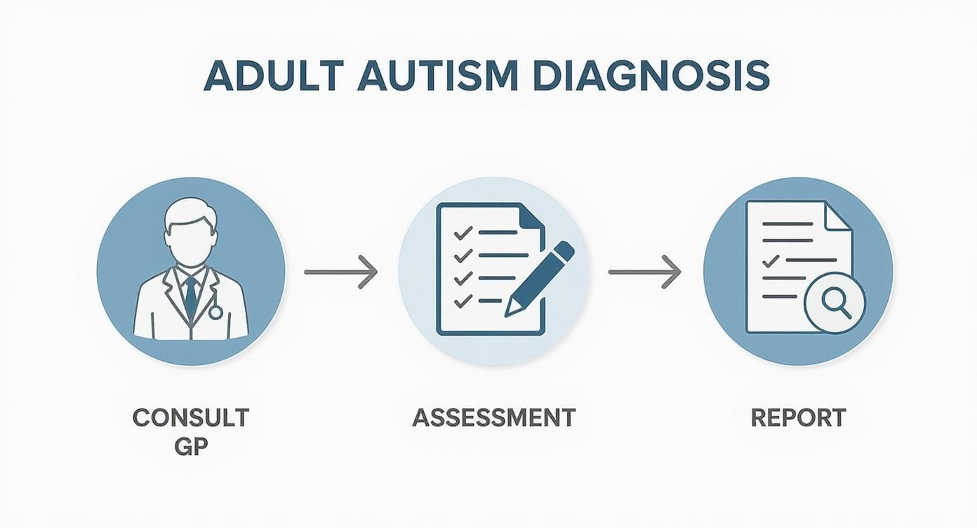 Diagram showing the three-step process for adult autism diagnosis: consult GP, assessment, and report.