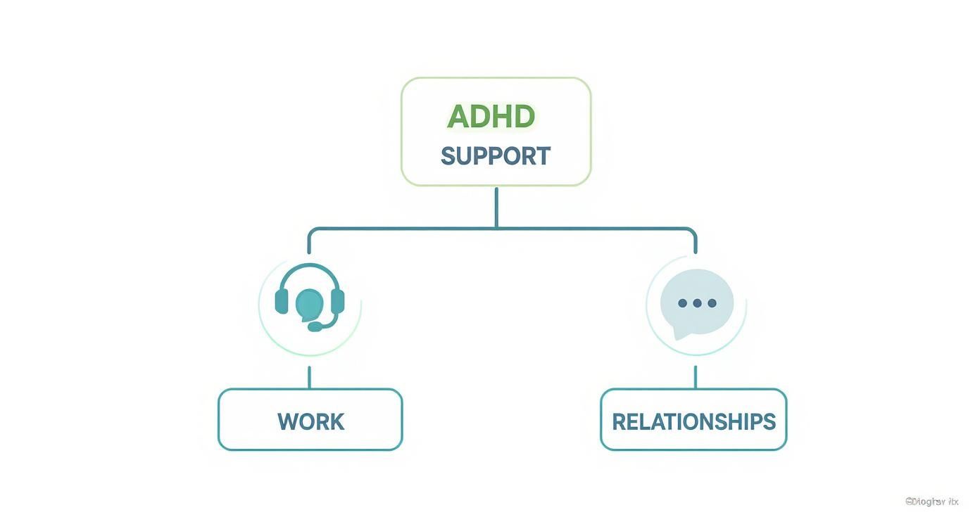 Infographic decision tree on ADHD support, showing paths for work and relationship challenges with relevant icons.