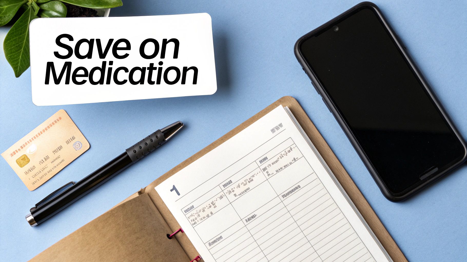 A flat lay showing a white card with 'Save on Medication', a smartphone, pen, and planner.