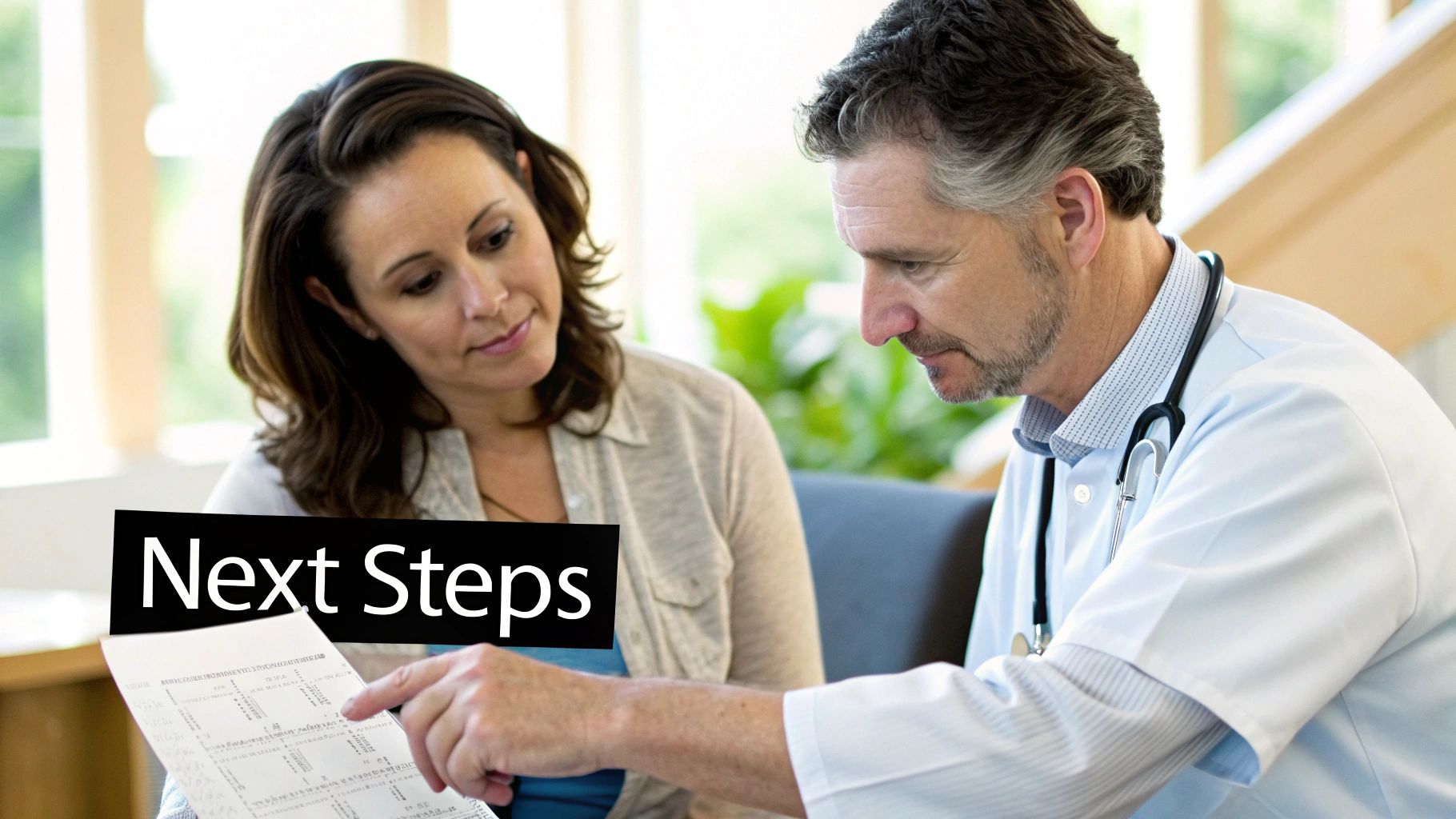 A doctor in a white coat explains a document to a female patient, discussing next steps.