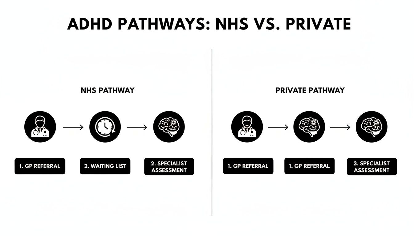 Diagram comparing NHS and Private ADHD diagnostic pathways, detailing steps like GP referral, waiting lists, and specialist assessment.