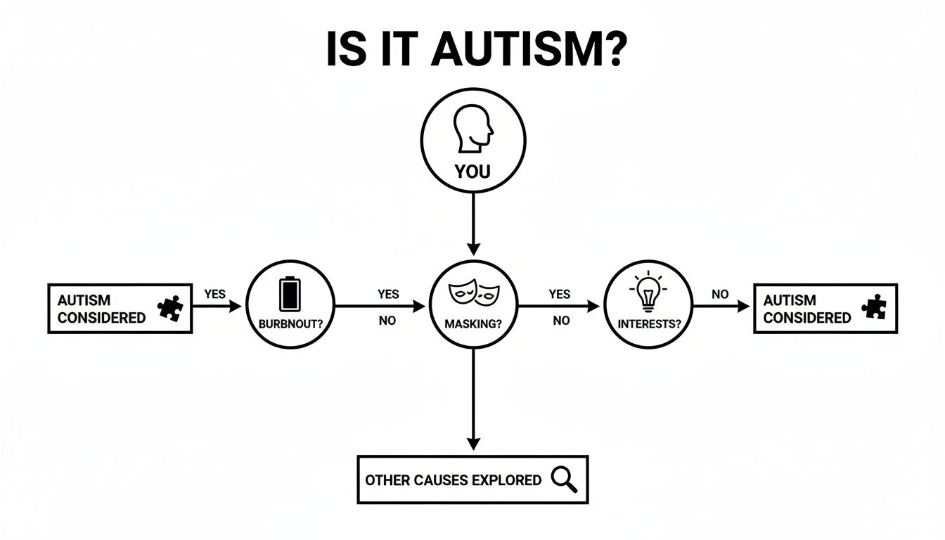 A flowchart exploring signs of autism, including burnout, masking, and special interests.