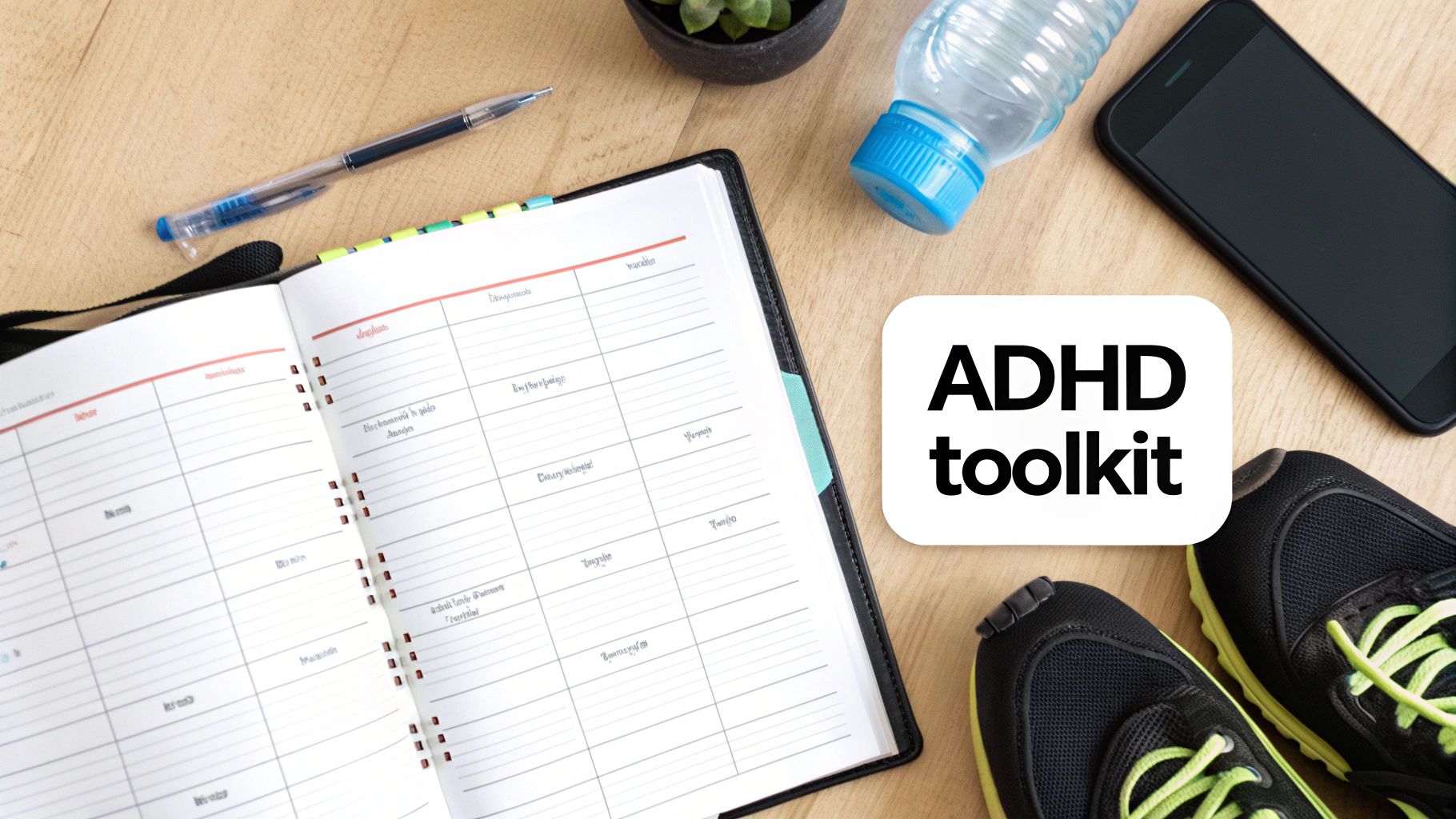 A flat lay shows an open planner, pen, water, phone, and athletic shoes, with text 'ADHD toolkit'.