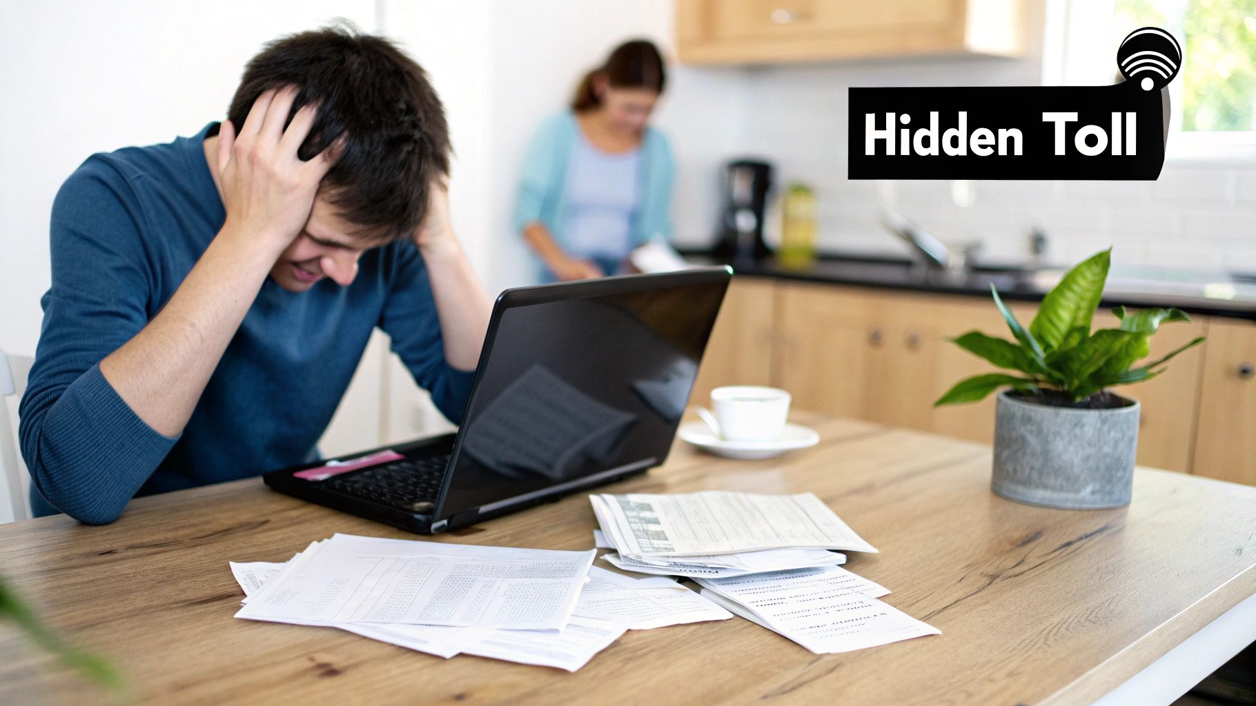 A man looking stressed with hands on his head while reviewing bills on a laptop.