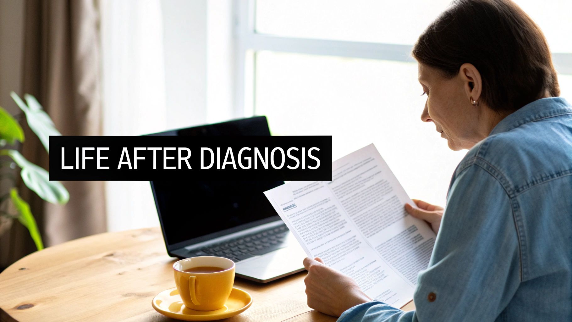 Woman reads a document about 'Life After Diagnosis' at a table with a laptop and coffee.
