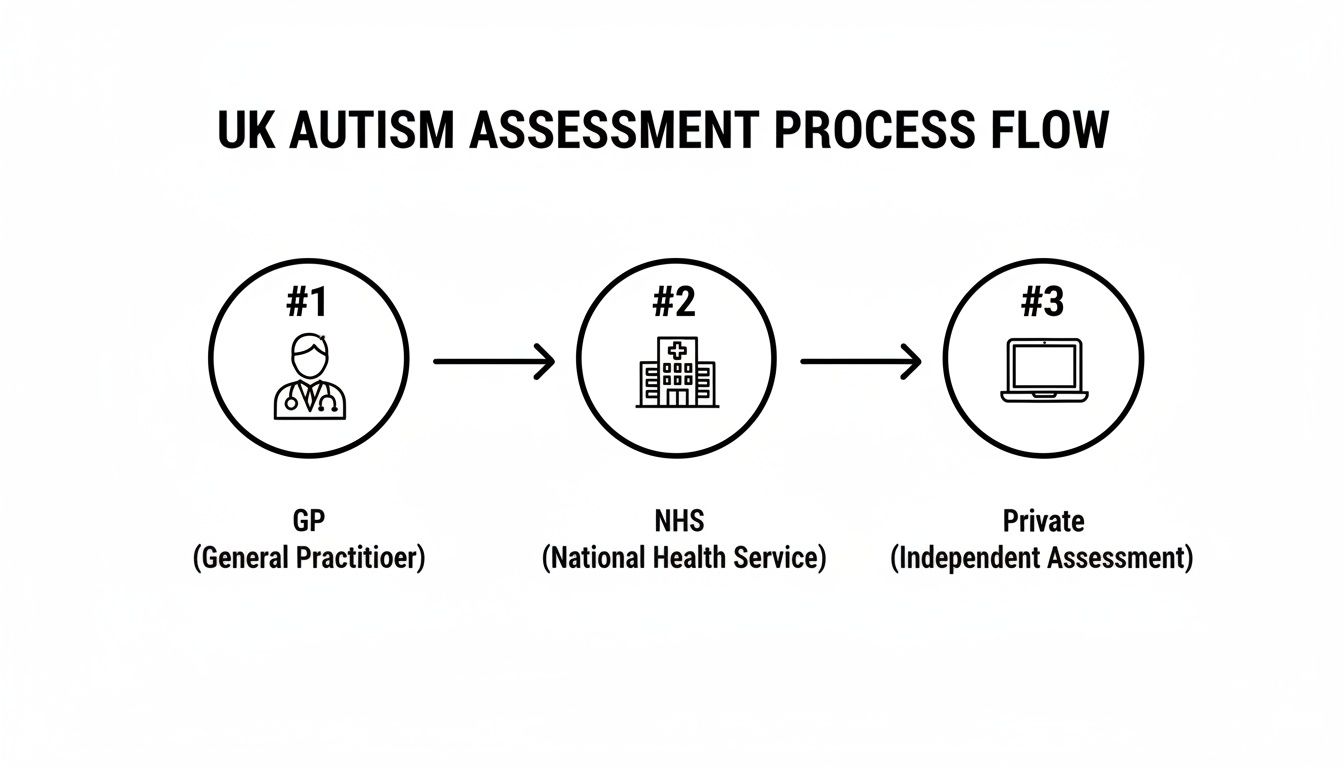 Flowchart illustrating the UK autism assessment process steps: GP, NHS (National Health Service), and Private.