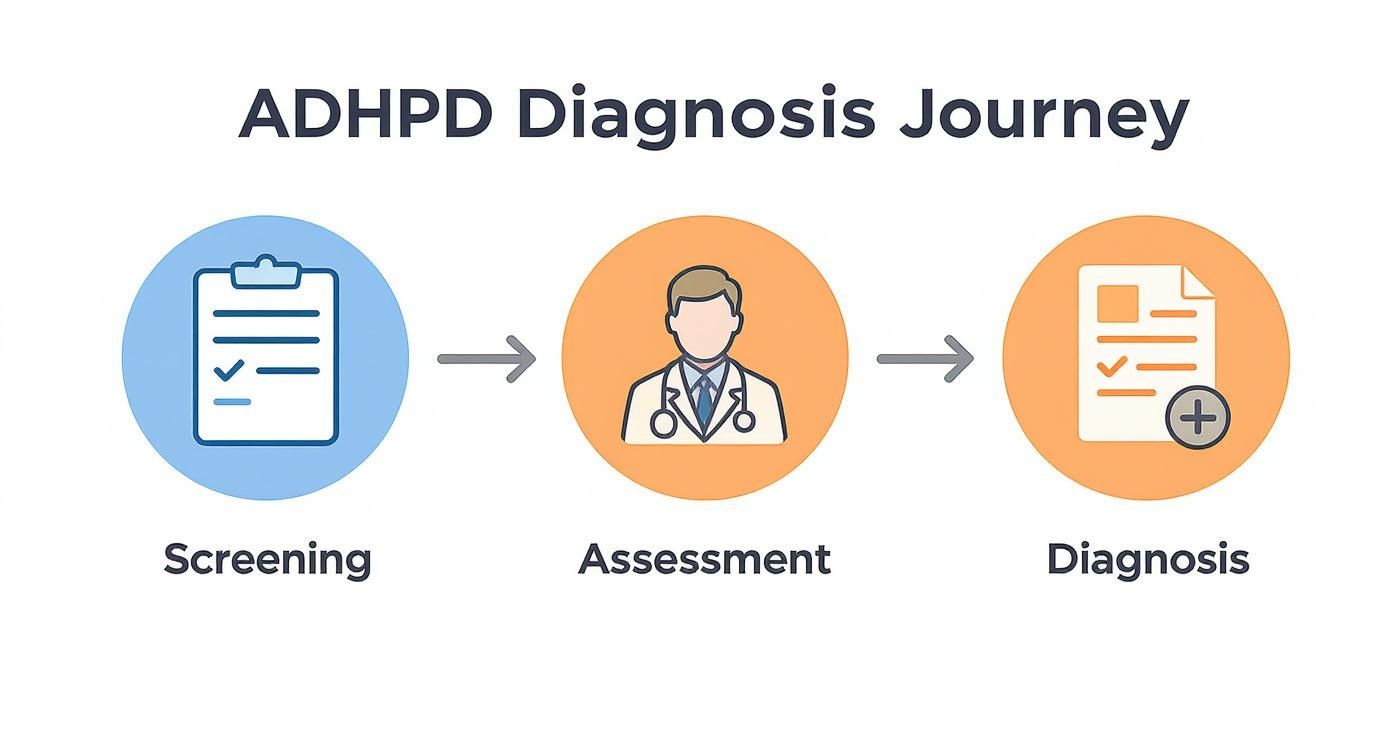 Illustration of the ADHPD diagnosis journey with three steps: screening, assessment, and diagnosis.
