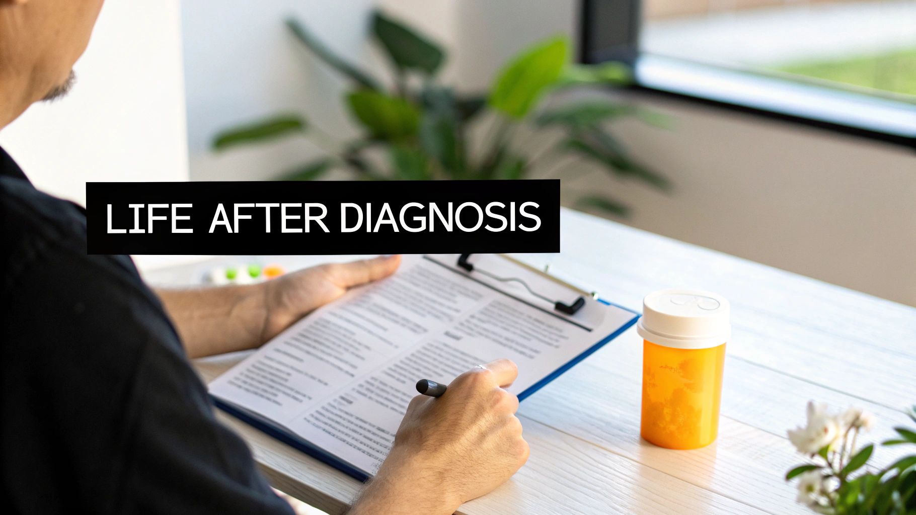 Person reviewing medical documents at desk with prescription bottle after receiving diagnosis