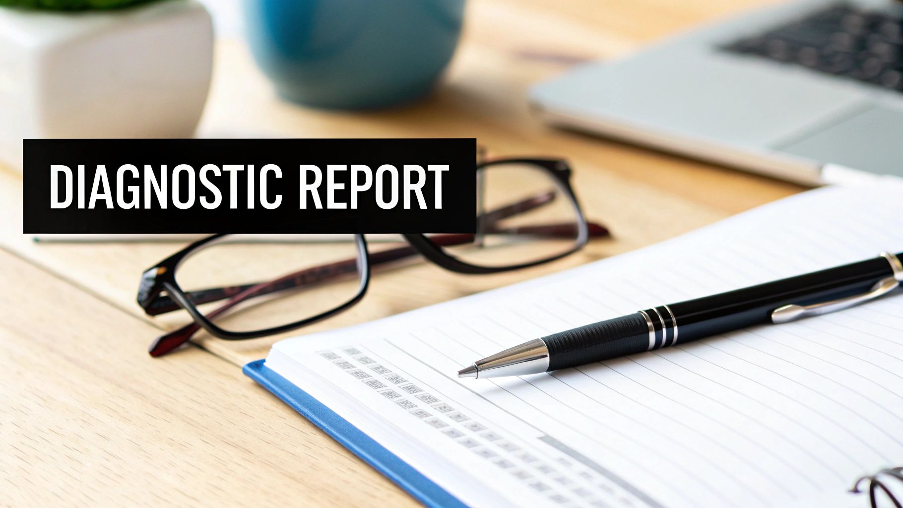 A desk with a notebook, pen, reading glasses, and a black sign saying 'DIAGNOSTIC REPORT'.