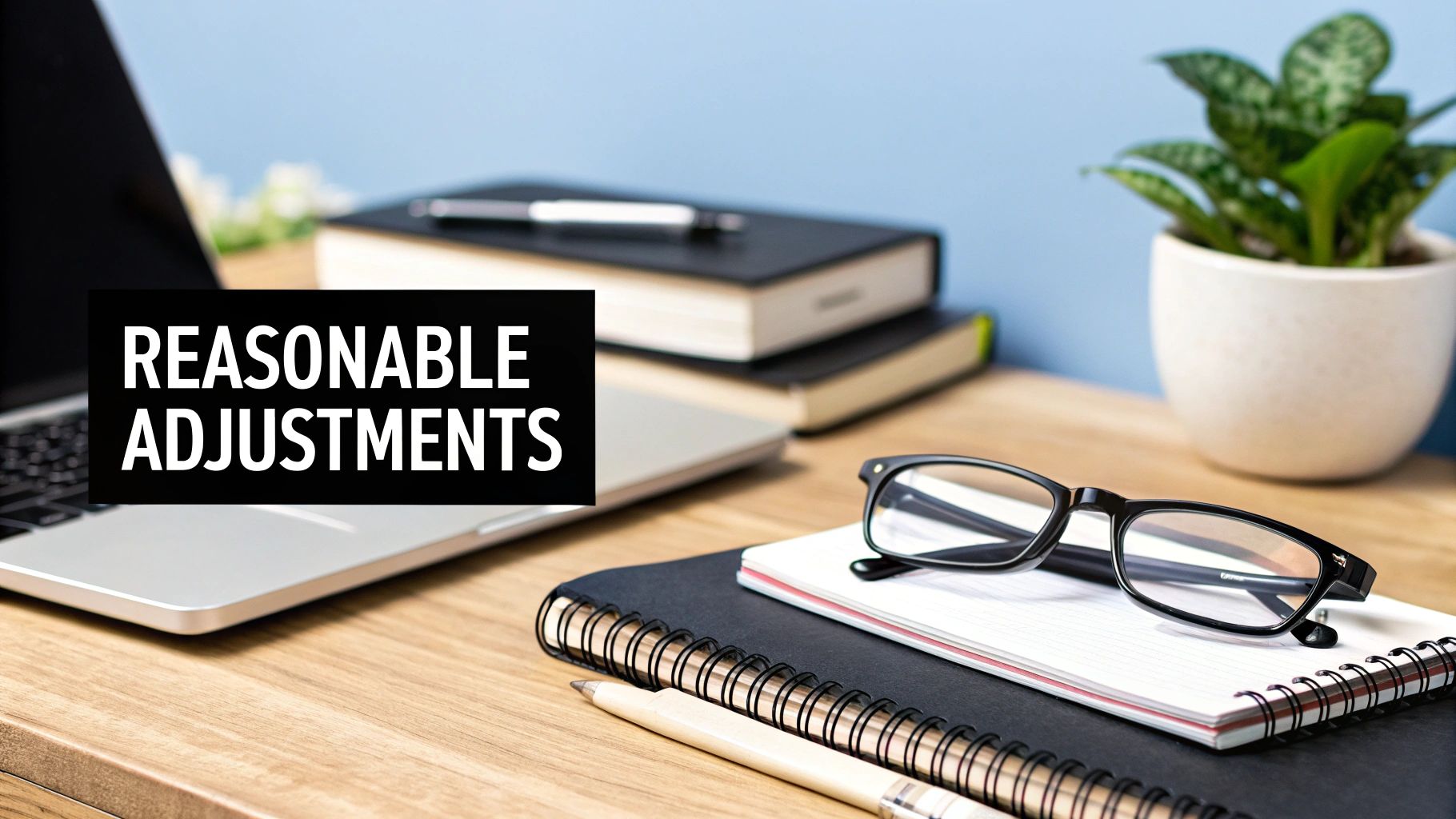 A well-organized office desk with a laptop, books, glasses, and the text 'REASONABLE ADJUSTMENTS'.